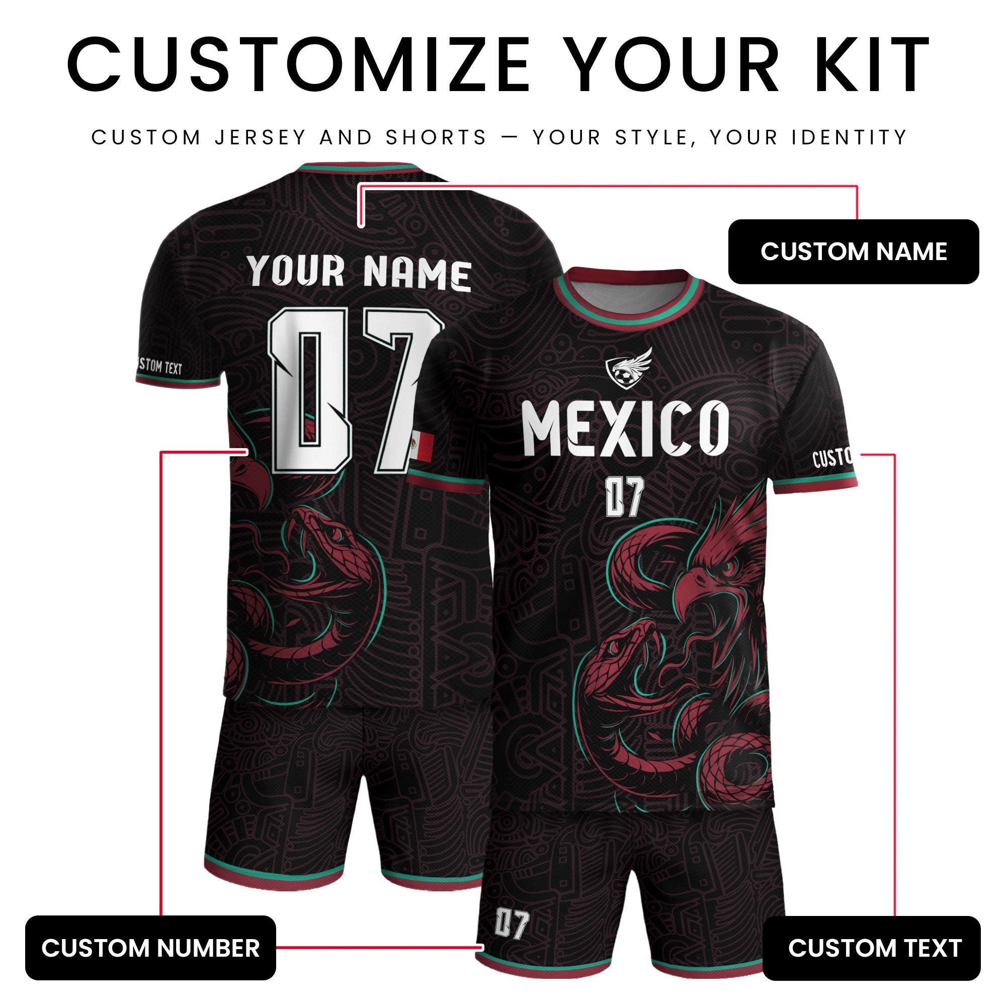 Custom Mexico Black Aztec Eagle Serpent Design Soccer Jersey