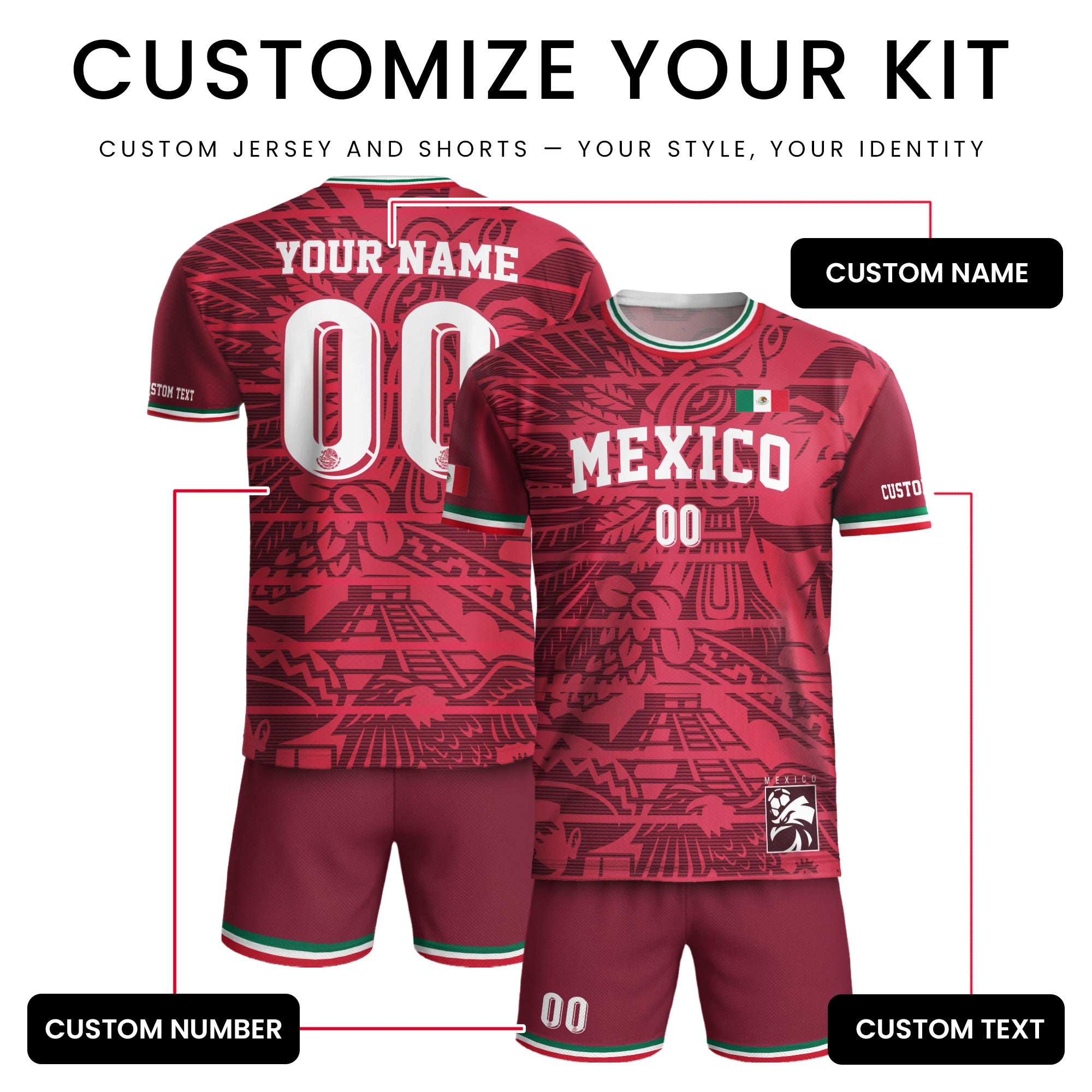 Custom Mexico Burgundy Aztec Pattern Design Soccer Jersey