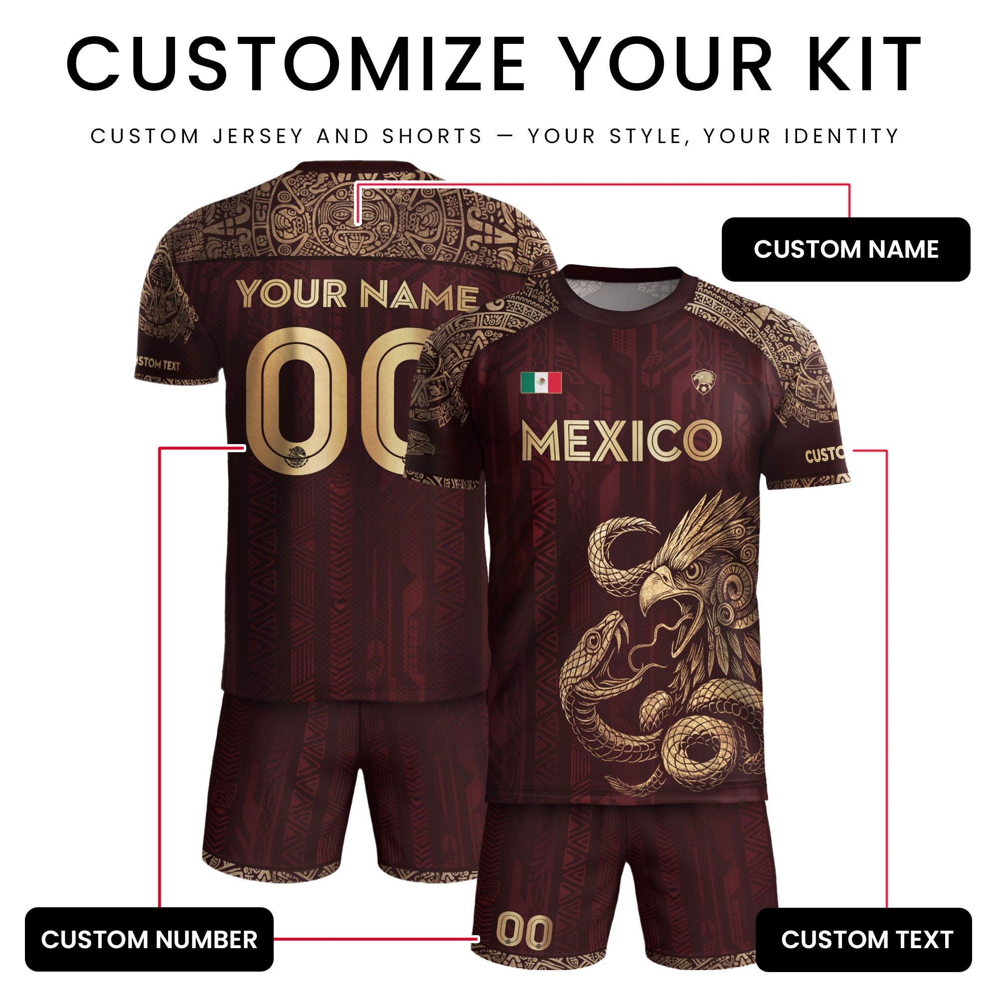 Custom Mexico Burgundy Eagle and Serpent Gold Soccer Jersey
