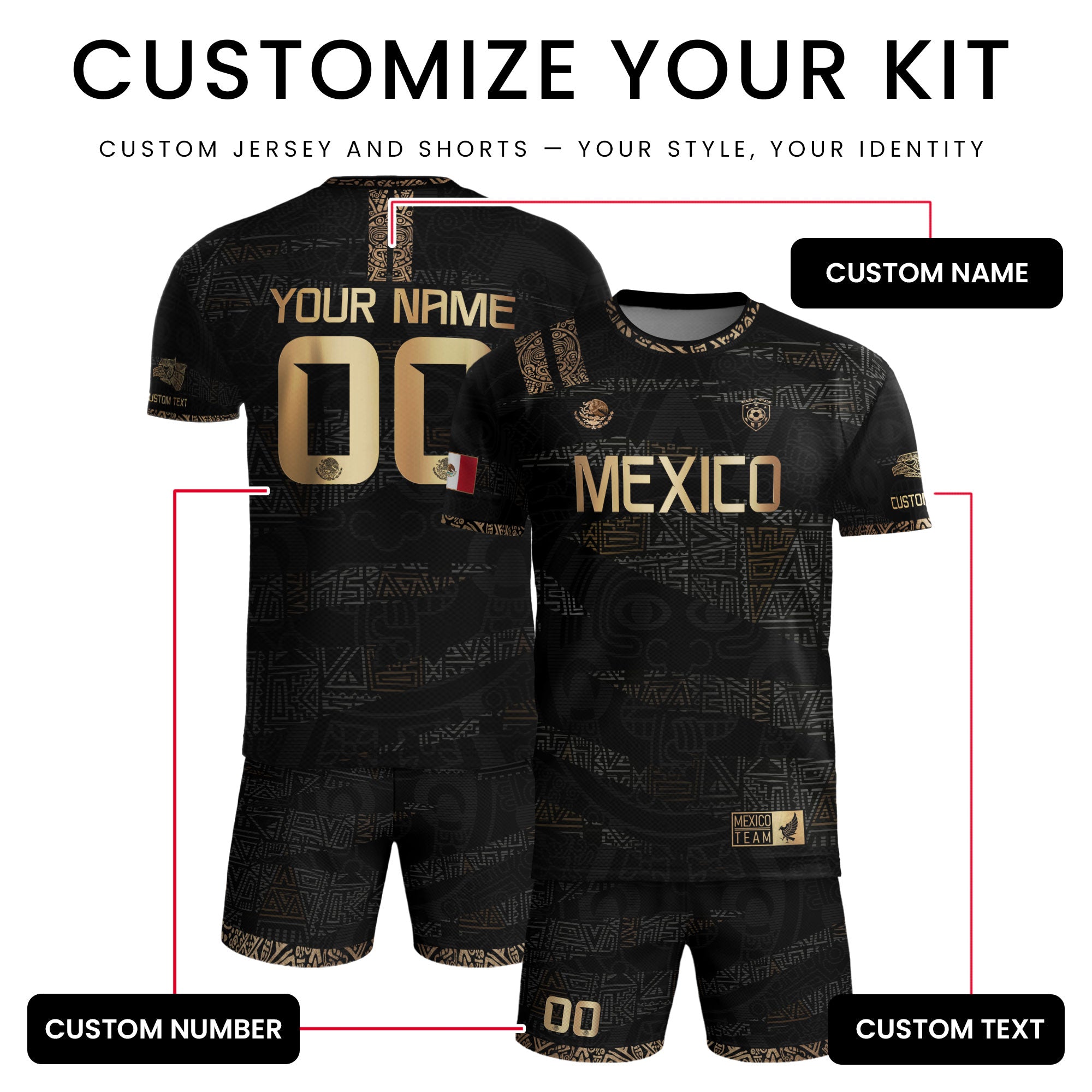 Custom Mexico Soccer Jersey Black Gold Aztec Design