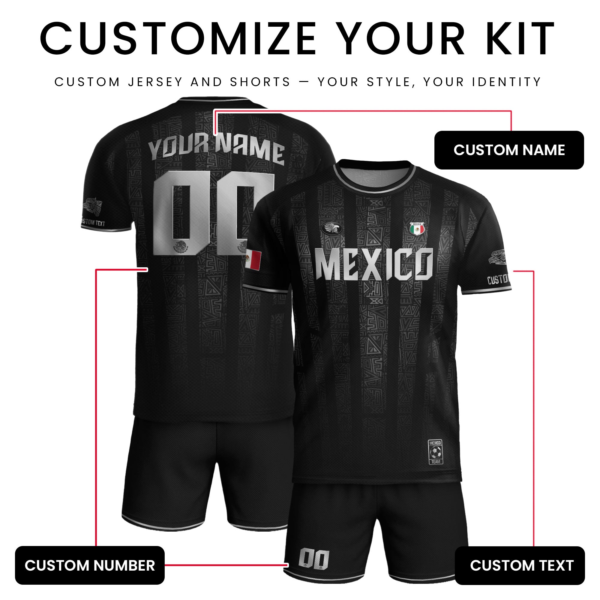 Custom Mexico Black Silver Aztec Pattern Soccer Jersey