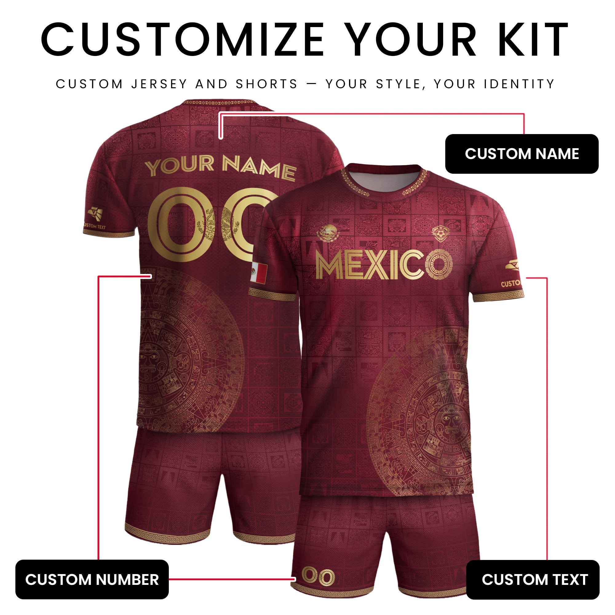 Custom Mexico Maroon Golden Aztec Calendar Soccer Jersey