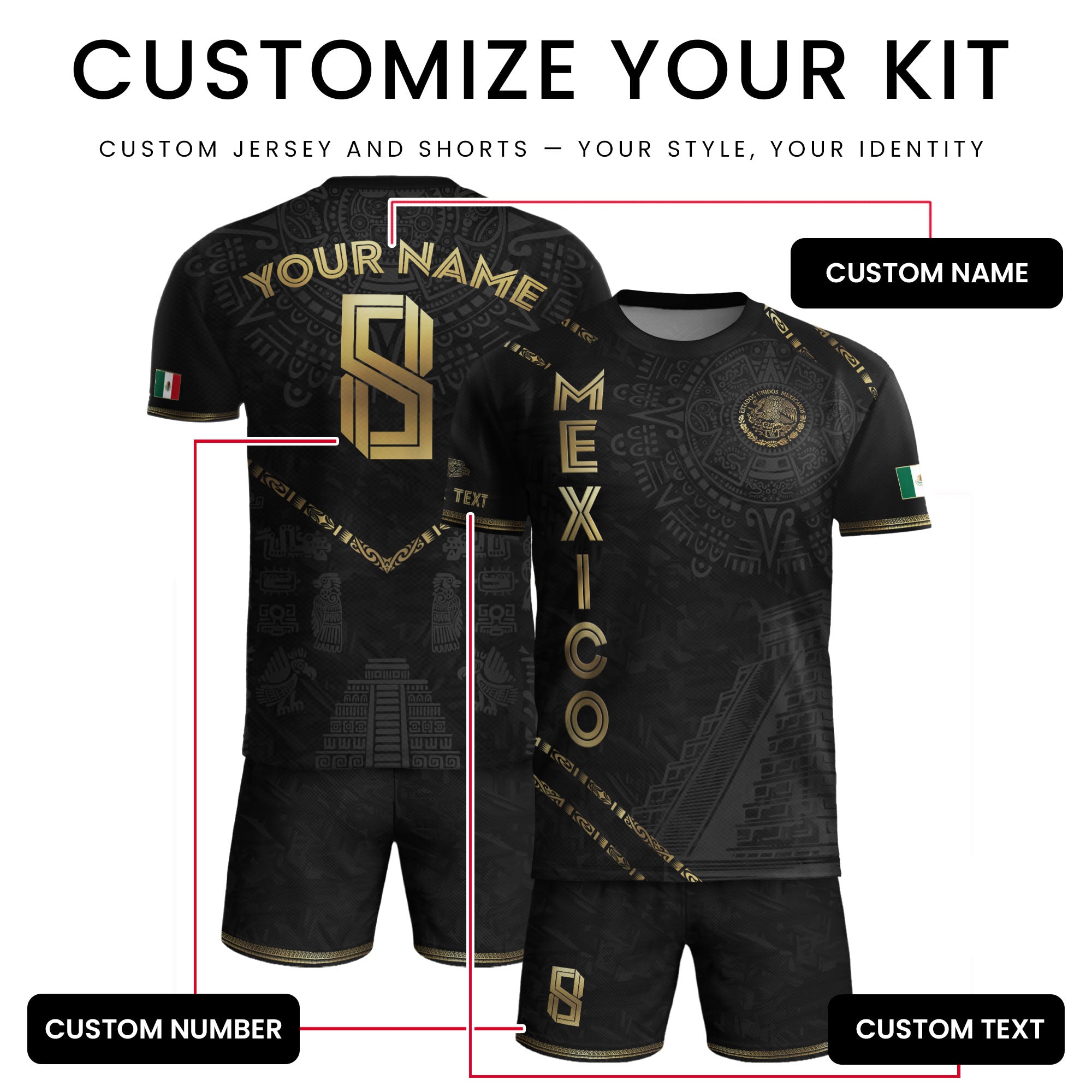 Custom Mexico Black Gold Aztec Calendar Pyramid Design Soccer Jersey