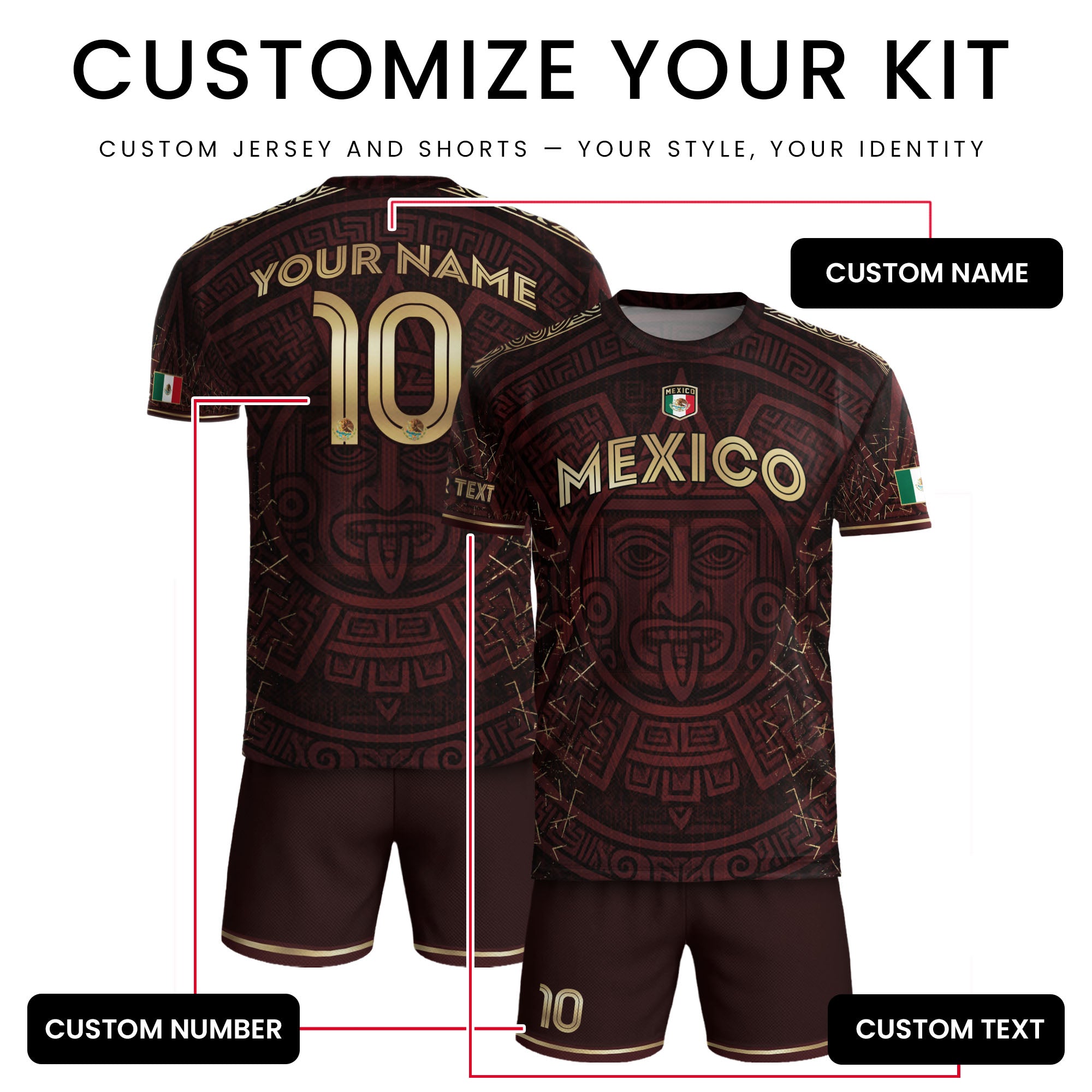 Custom Soccer Jersey Mexico Burgundy Gold Aztec Sun Design