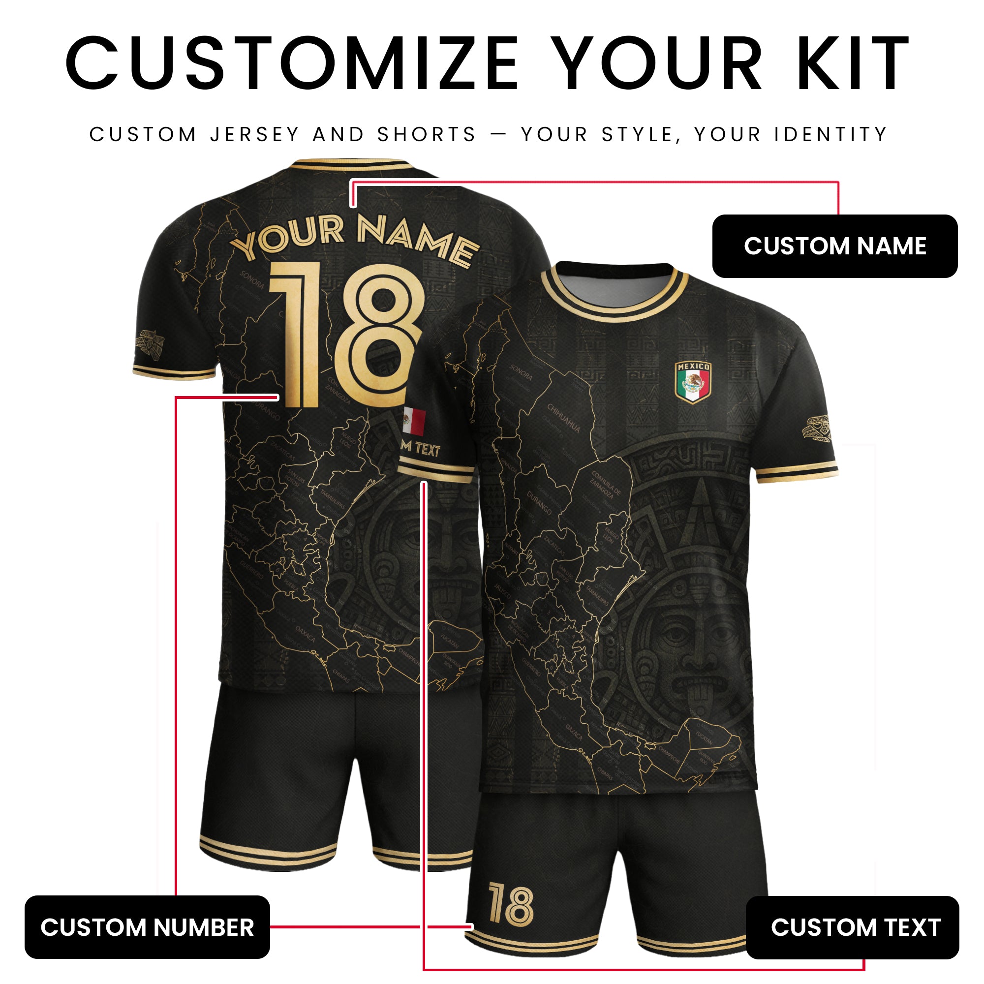 Custom Mexico Black Gold Map Aztec Sun Design Soccer Jersey