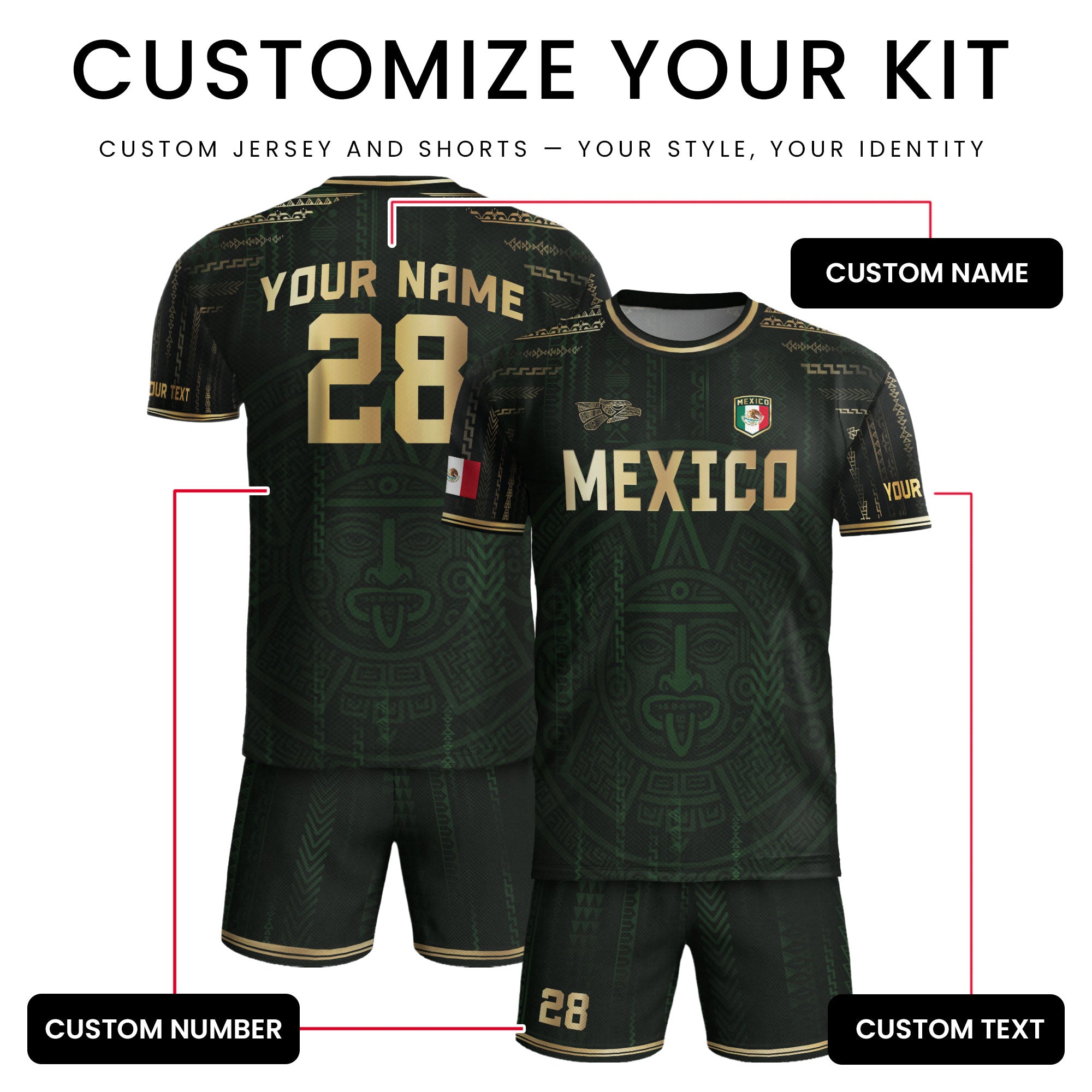 Custom Mexico Dark Green Gold Aztec Sun Design Soccer Jersey