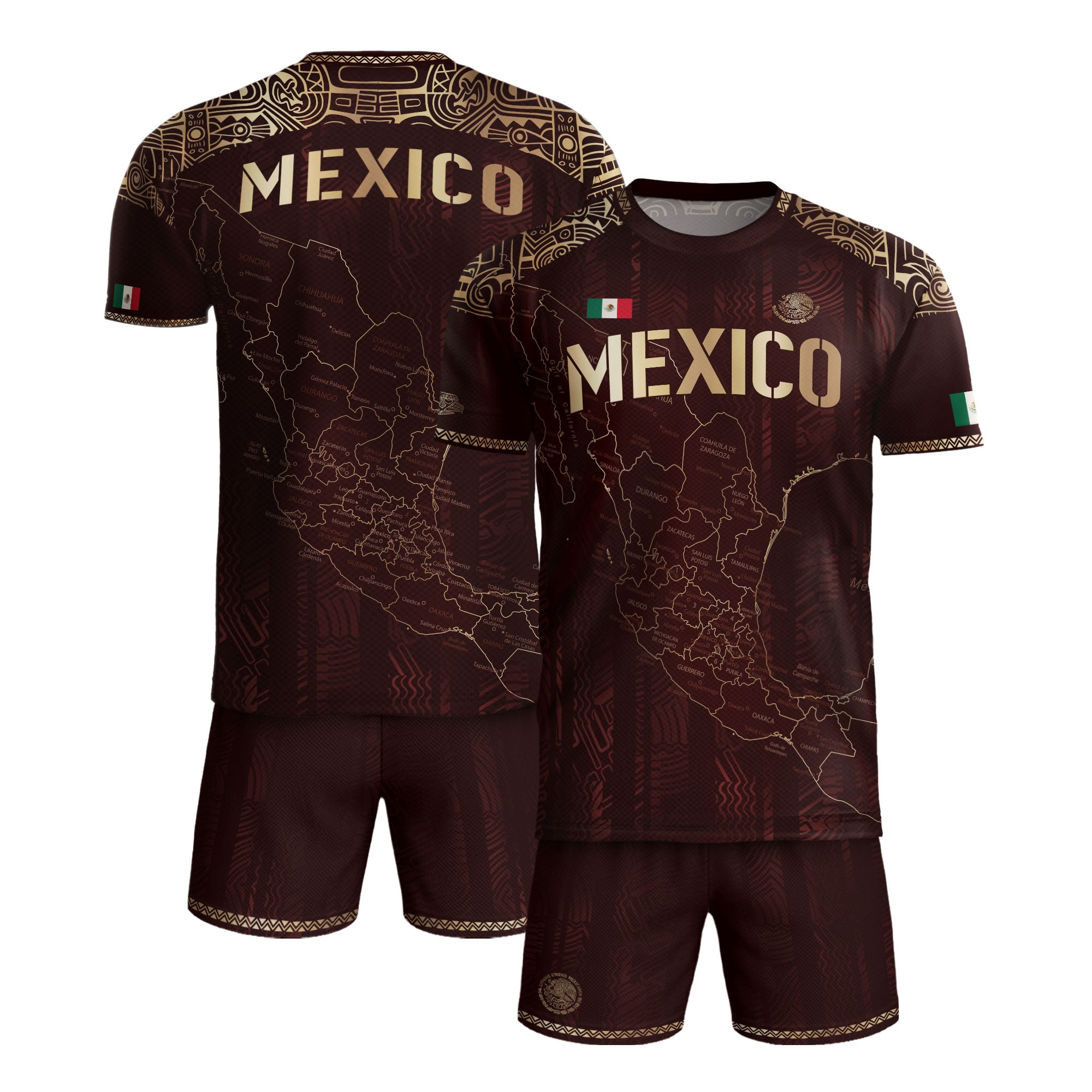 Mexico Soccer Jersey Burgundy Map Aztec Pattern Heritage Golden Details Design