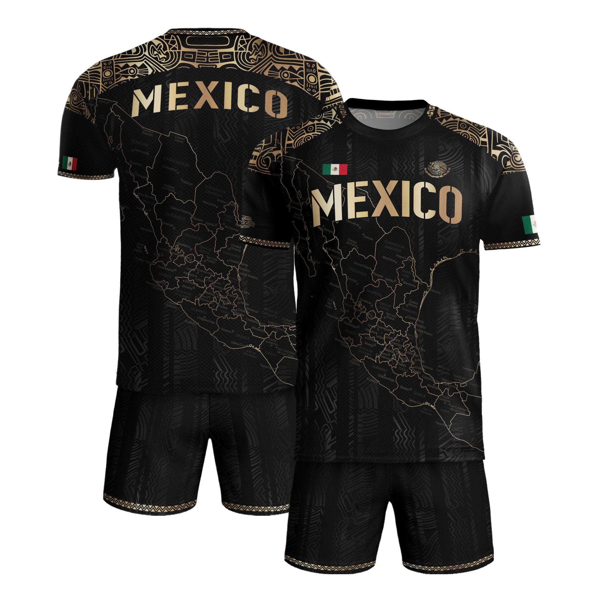 Mexico Black Heritage Map Soccer Jersey with Golden Aztec Details
