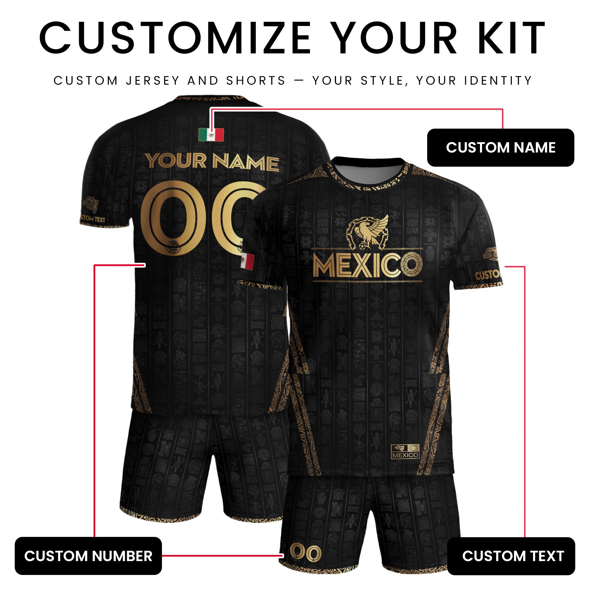 Custom Mexico Black Gold Soccer Jersey with Aztec Eagle Design
