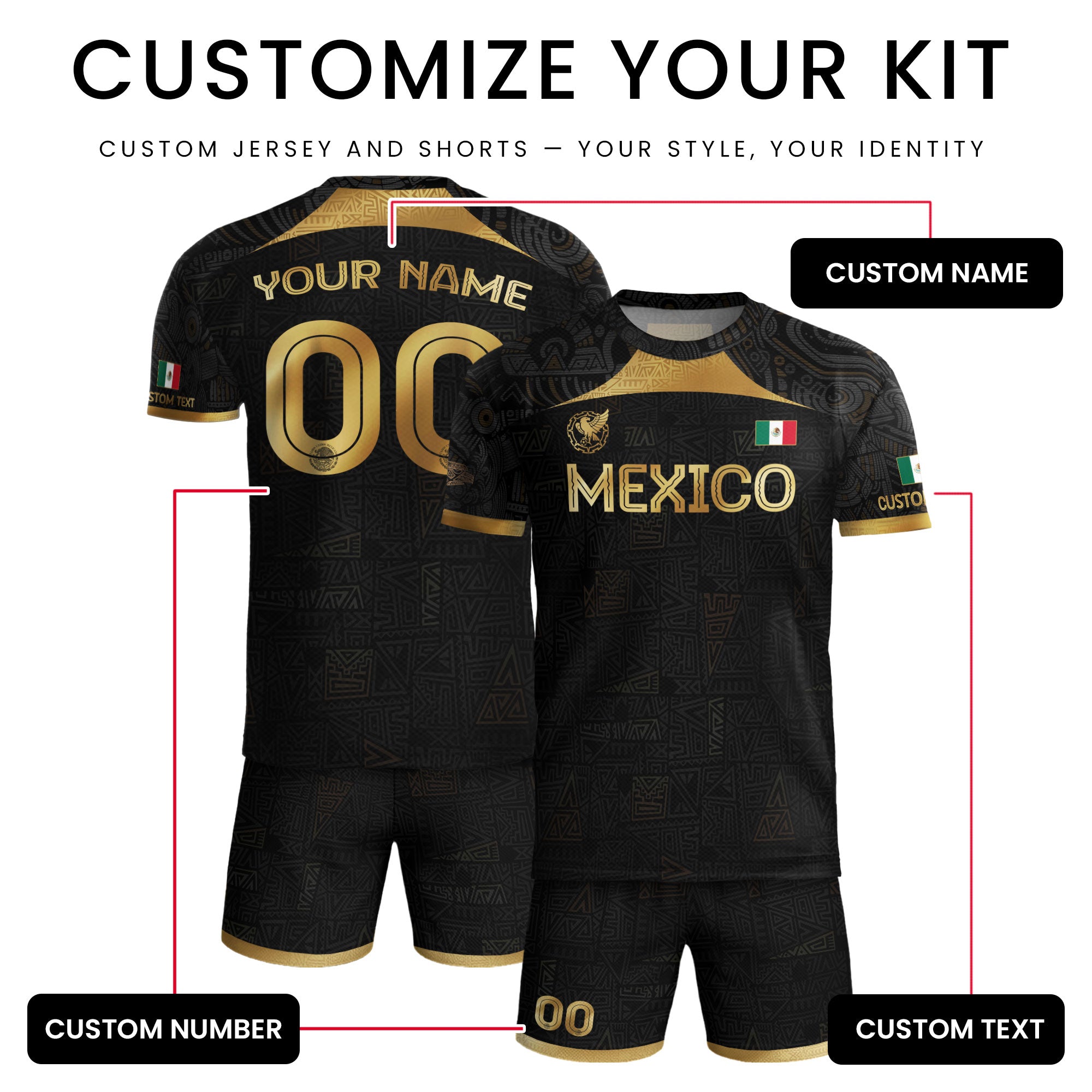 Custom Mexico Black Gold Soccer Jersey with Aztec Warrior Pattern