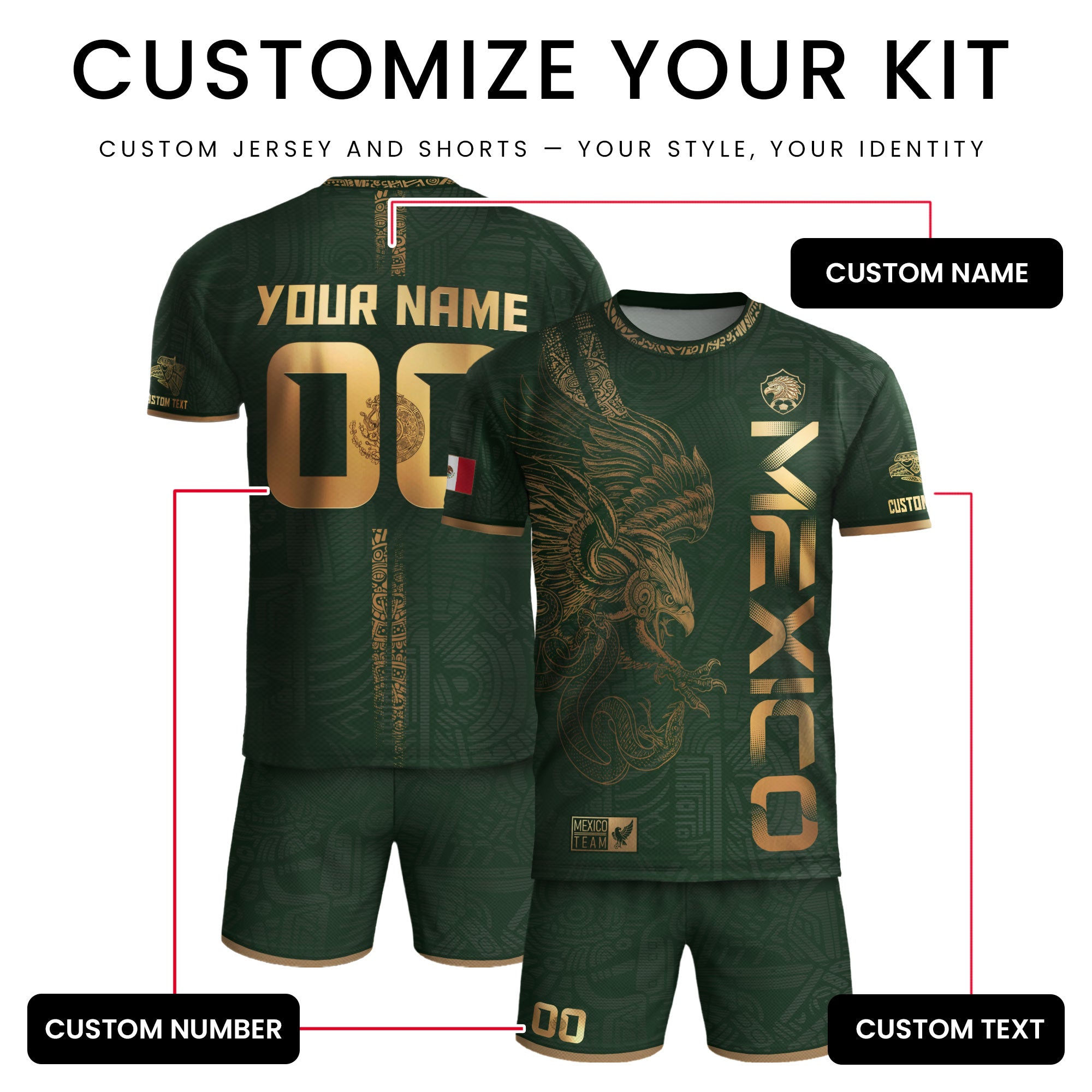 Custom Mexico Green Gold Soccer Jersey with Aztec Eagle Serpent Design