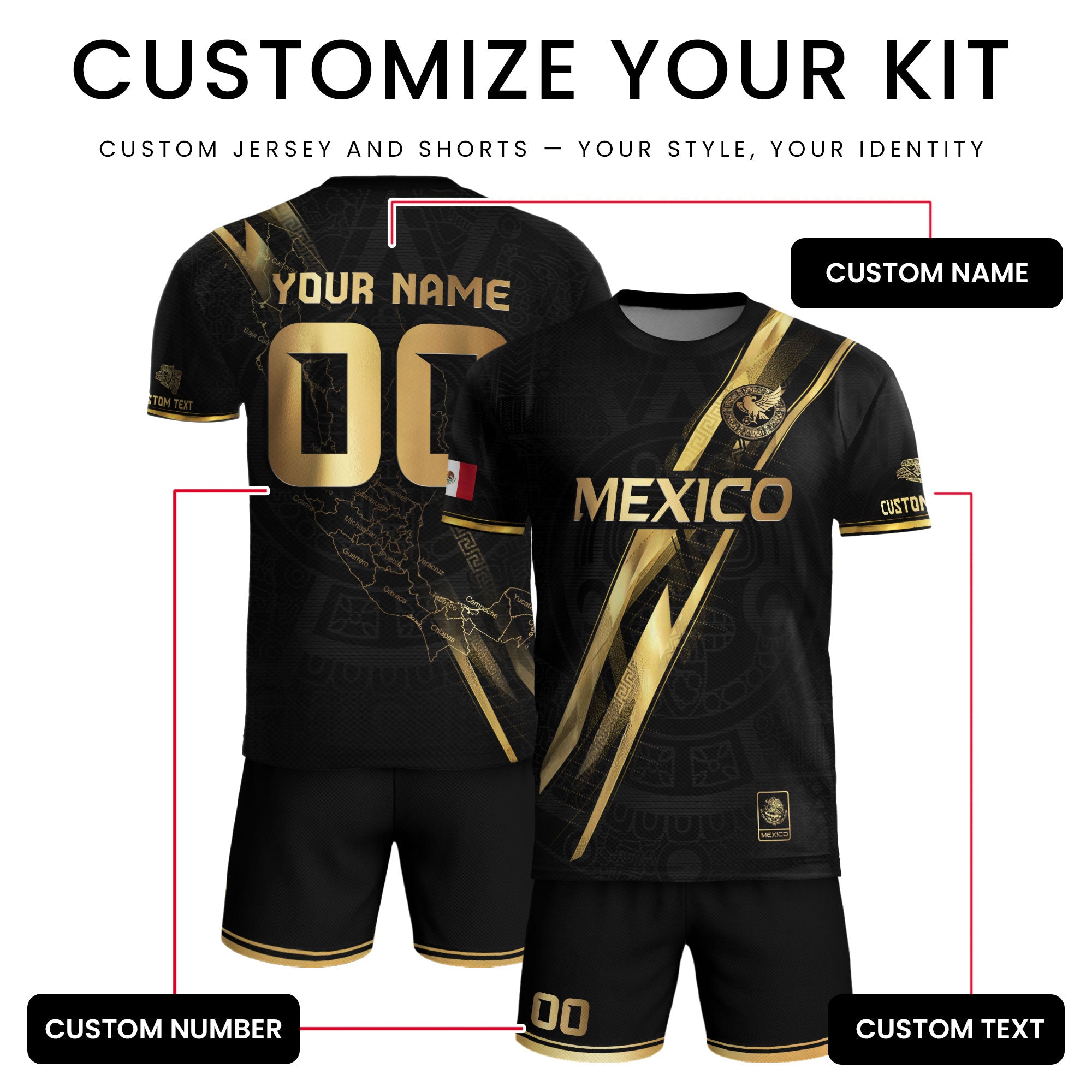Custom Mexico Black Gold Soccer Jersey with Heritage Map Stripe Design