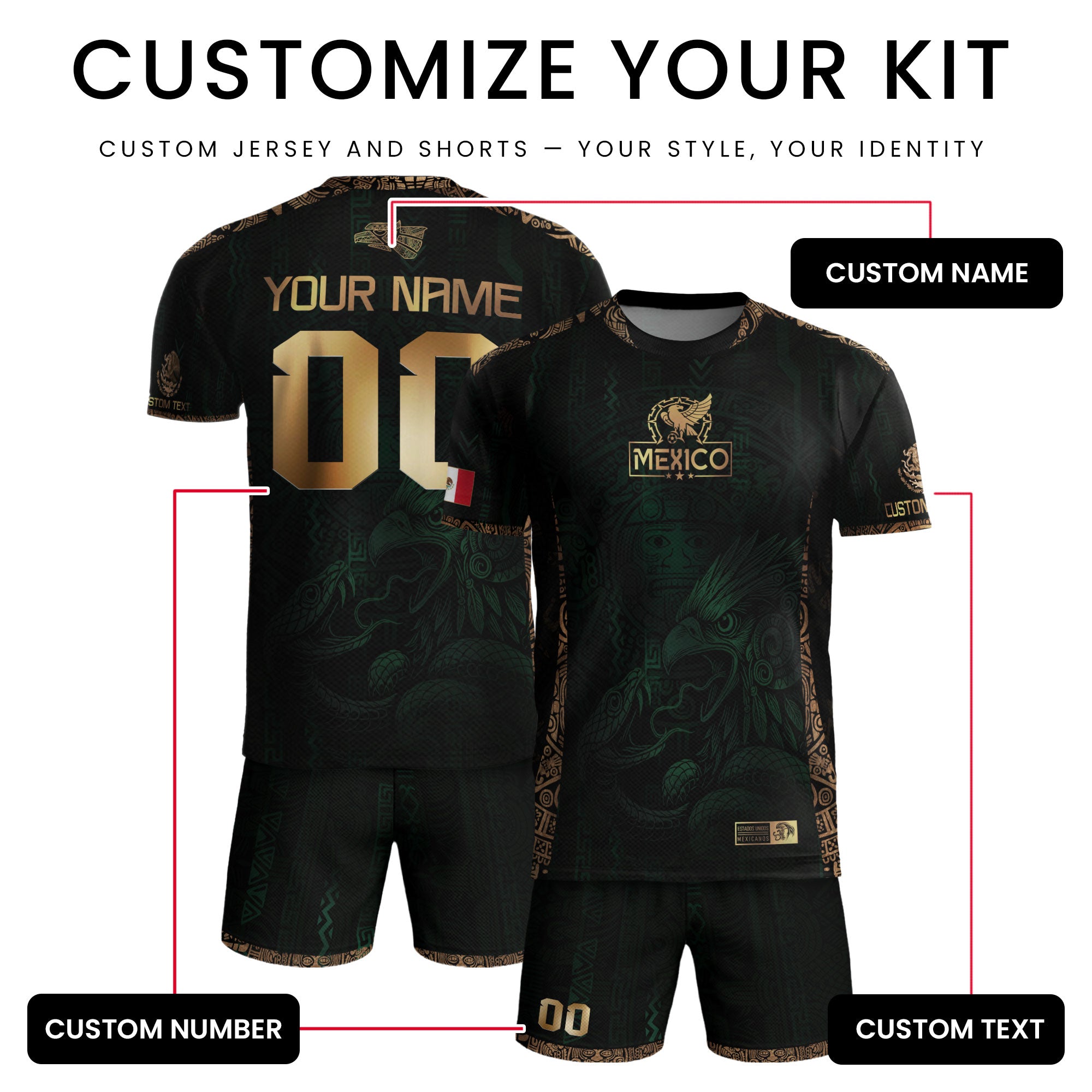 Custom Mexico Green Gold Soccer Jersey with Aztec Eagle Warrior Design