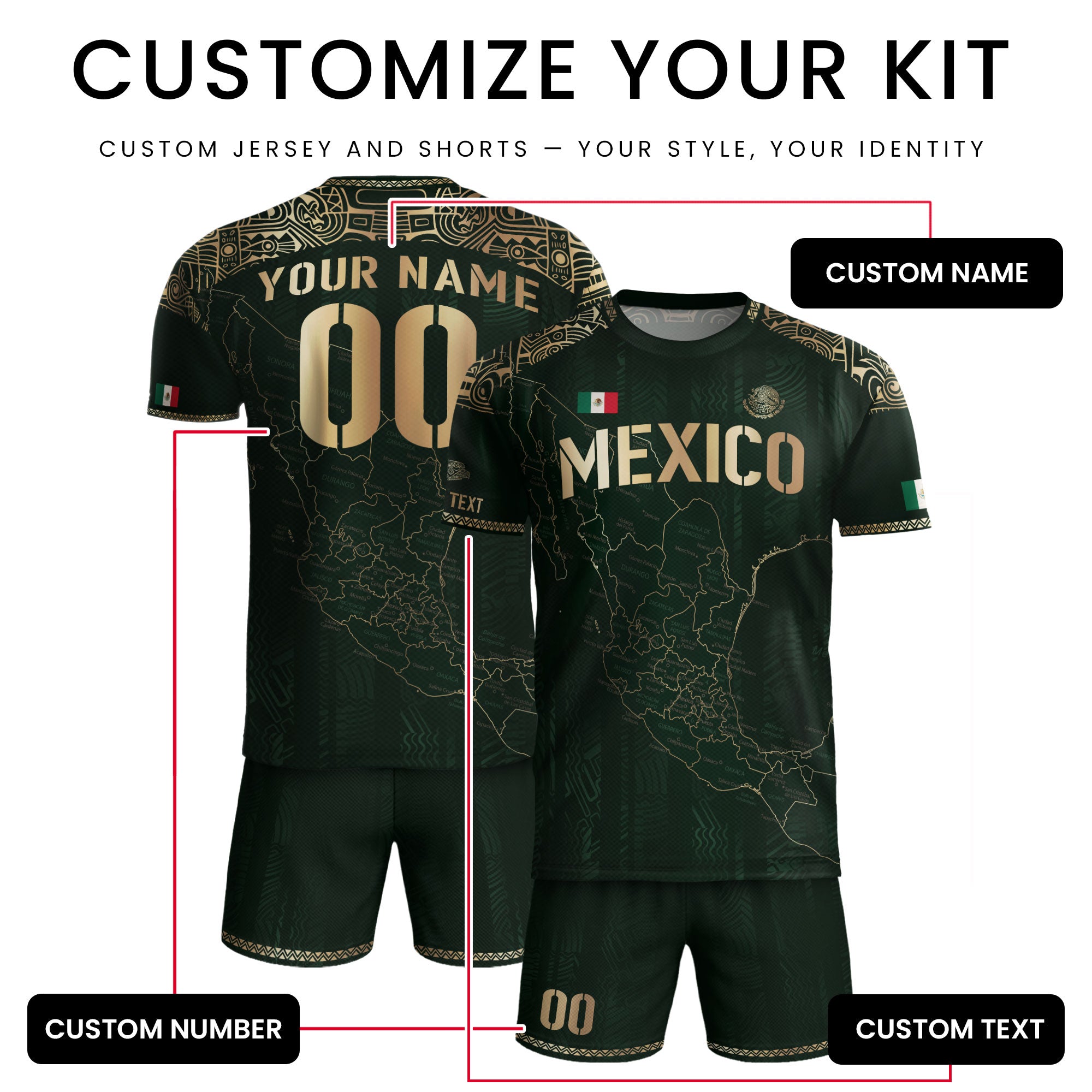 Custom Mexico Green Gold Map Aztec Heritage Soccer Jersey