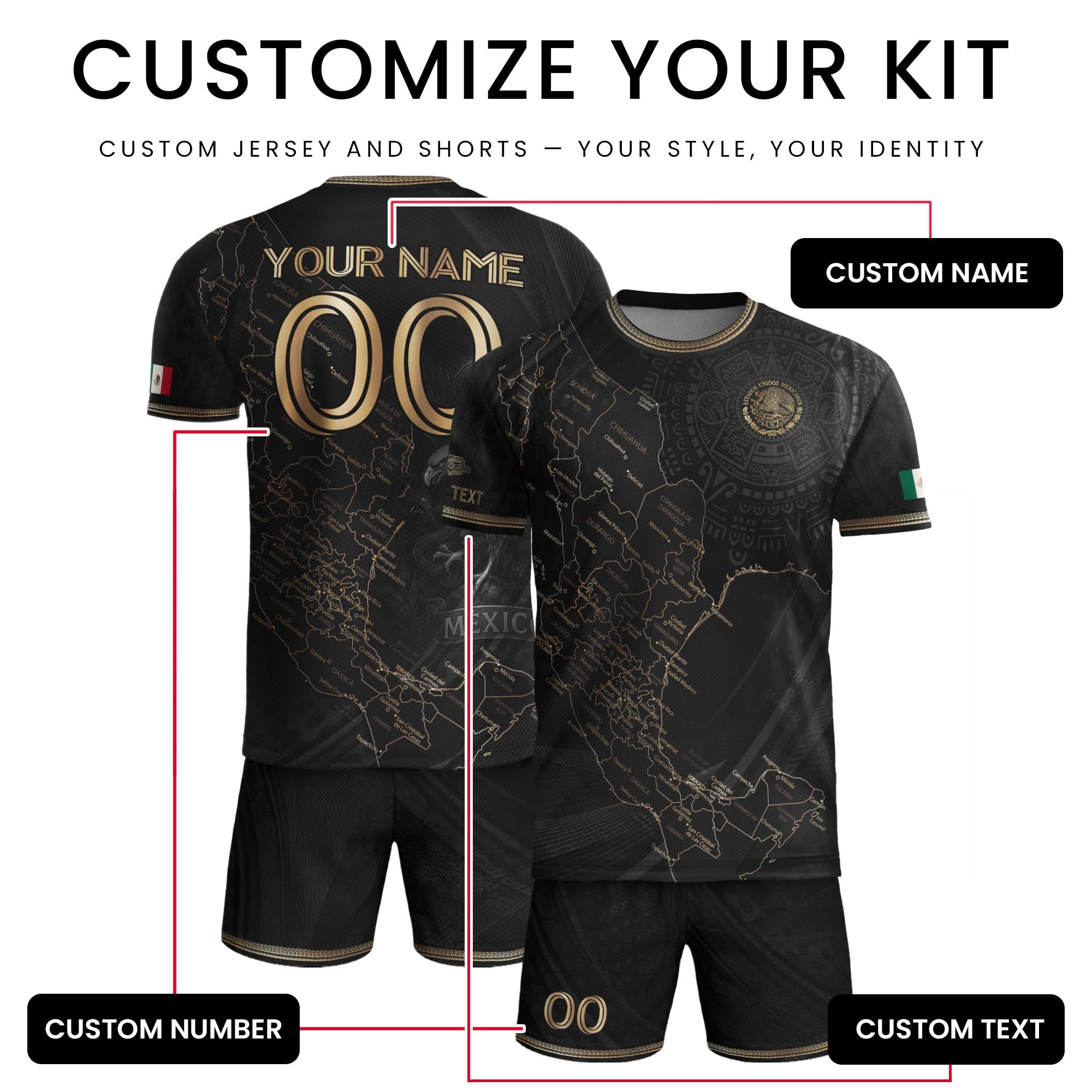 Custom Mexico Black Gold Map Aztec Eagle Heritage Soccer Jersey