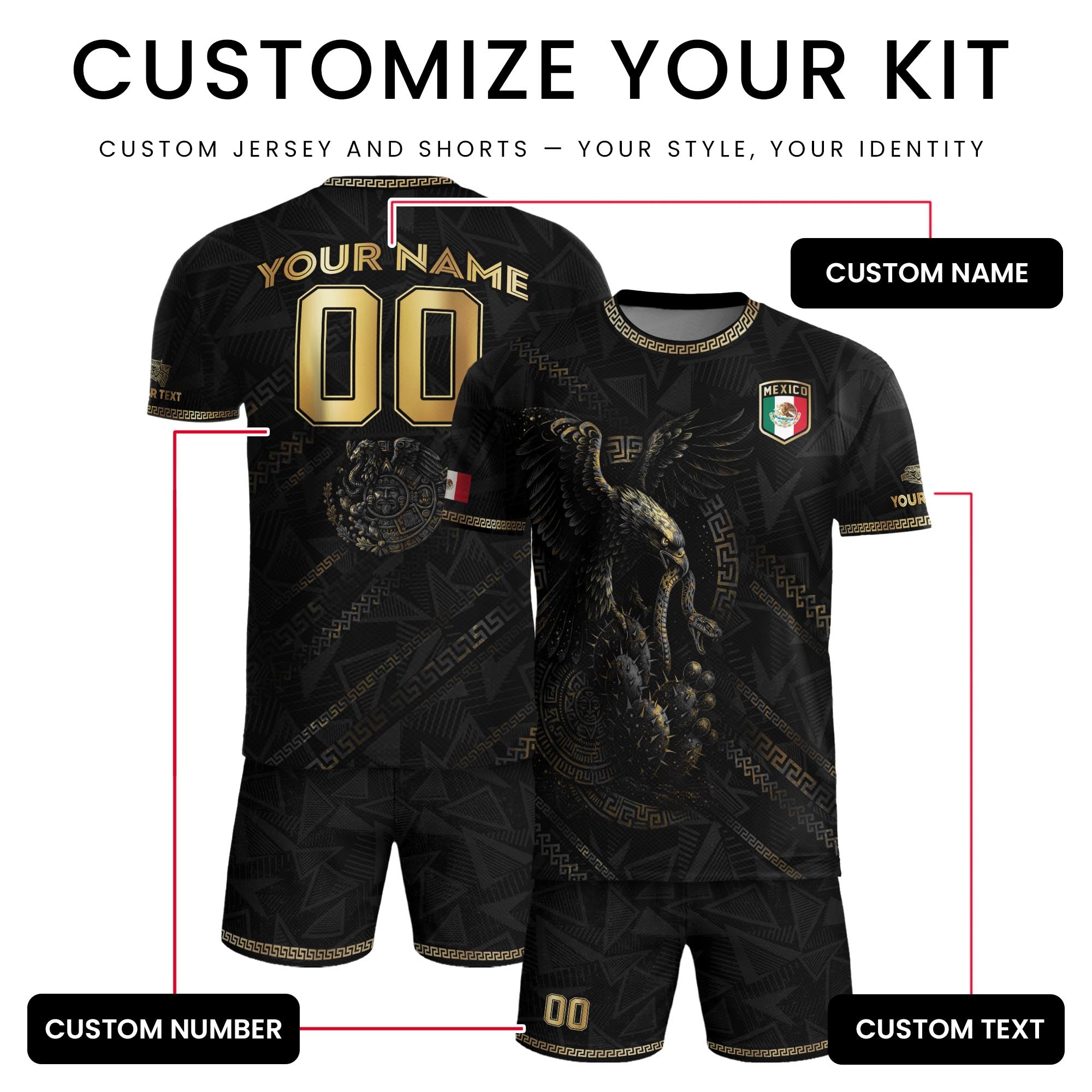 Custom Mexico Black Gold Eagle and Serpent Aztec Heritage Soccer Jersey