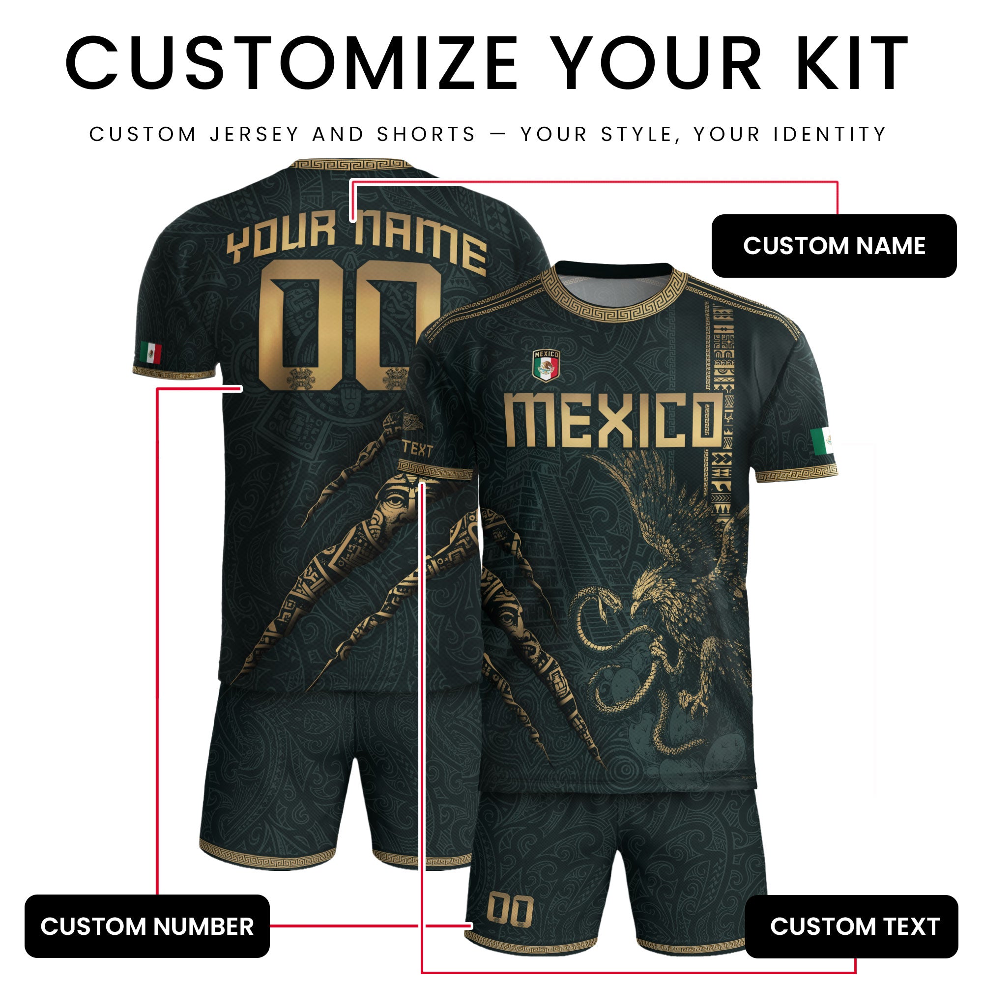 Custom Mexico Green Gold Eagle Claw Aztec Warrior Heritage Soccer Jersey
