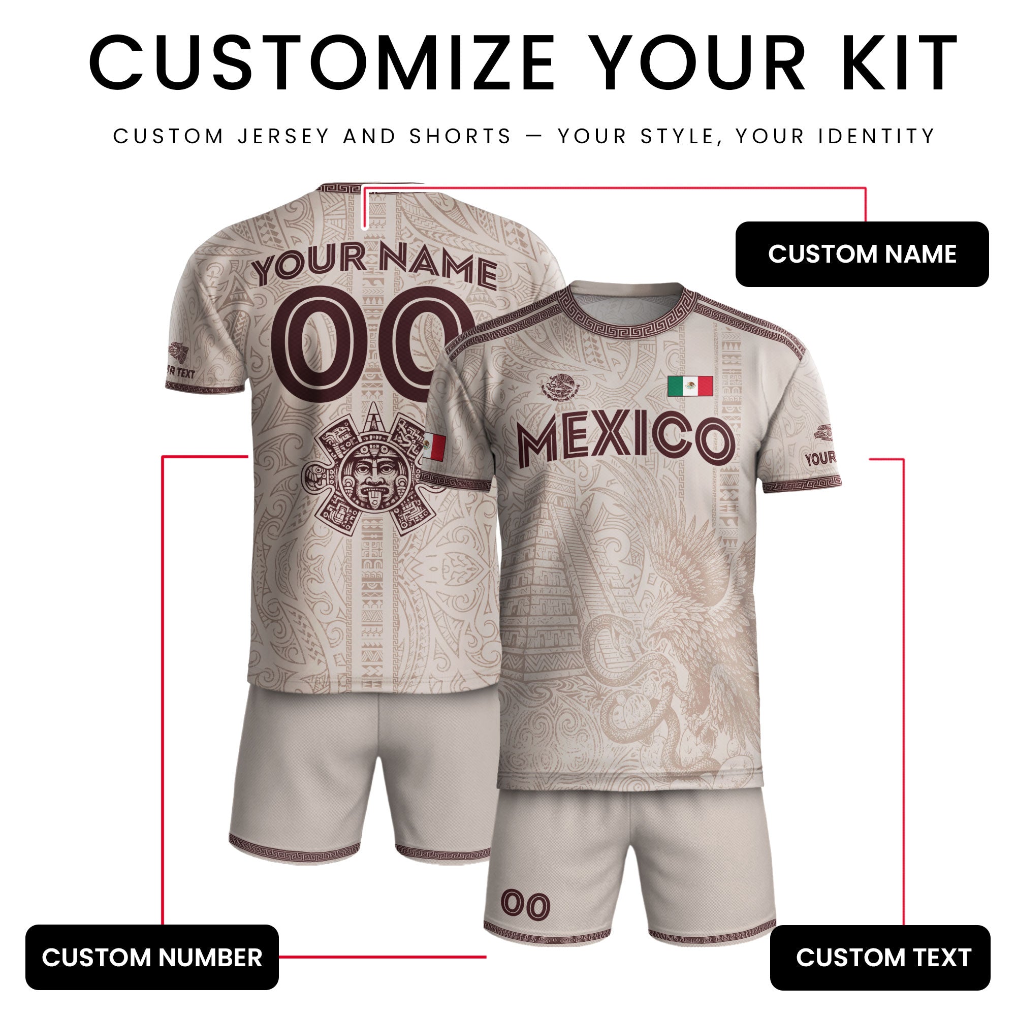 Custom Mexico Beige Aztec Eagle Pyramid Heritage Soccer Jersey
