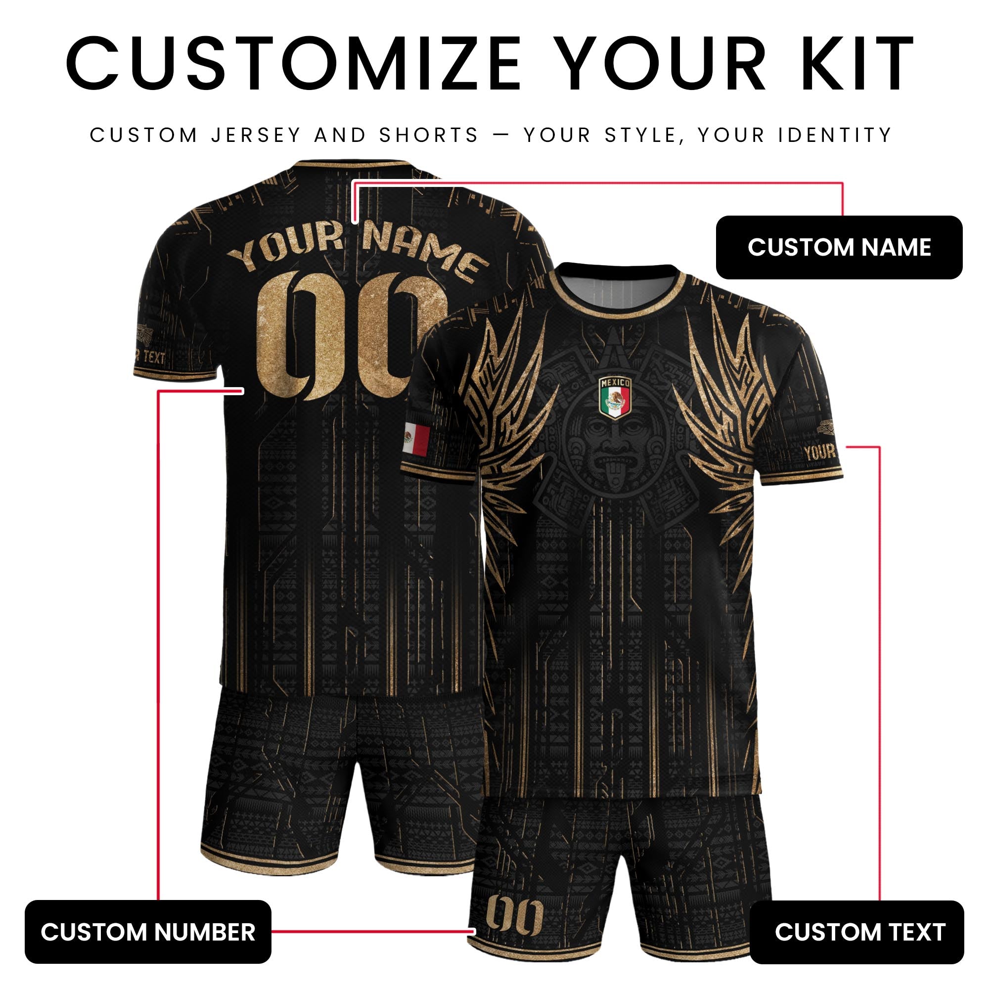 Custom Mexico Black Gold Aztec Warrior Wings Heritage Soccer Jersey
