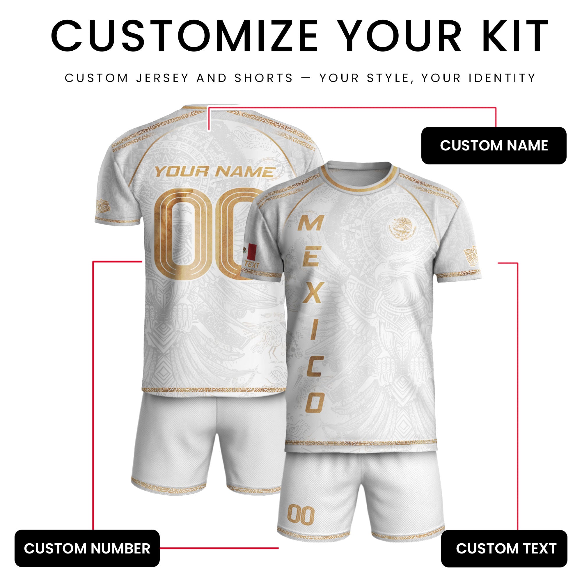 Custom Mexico Soccer Jersey White Gold Heritage Aztec Eagle Design