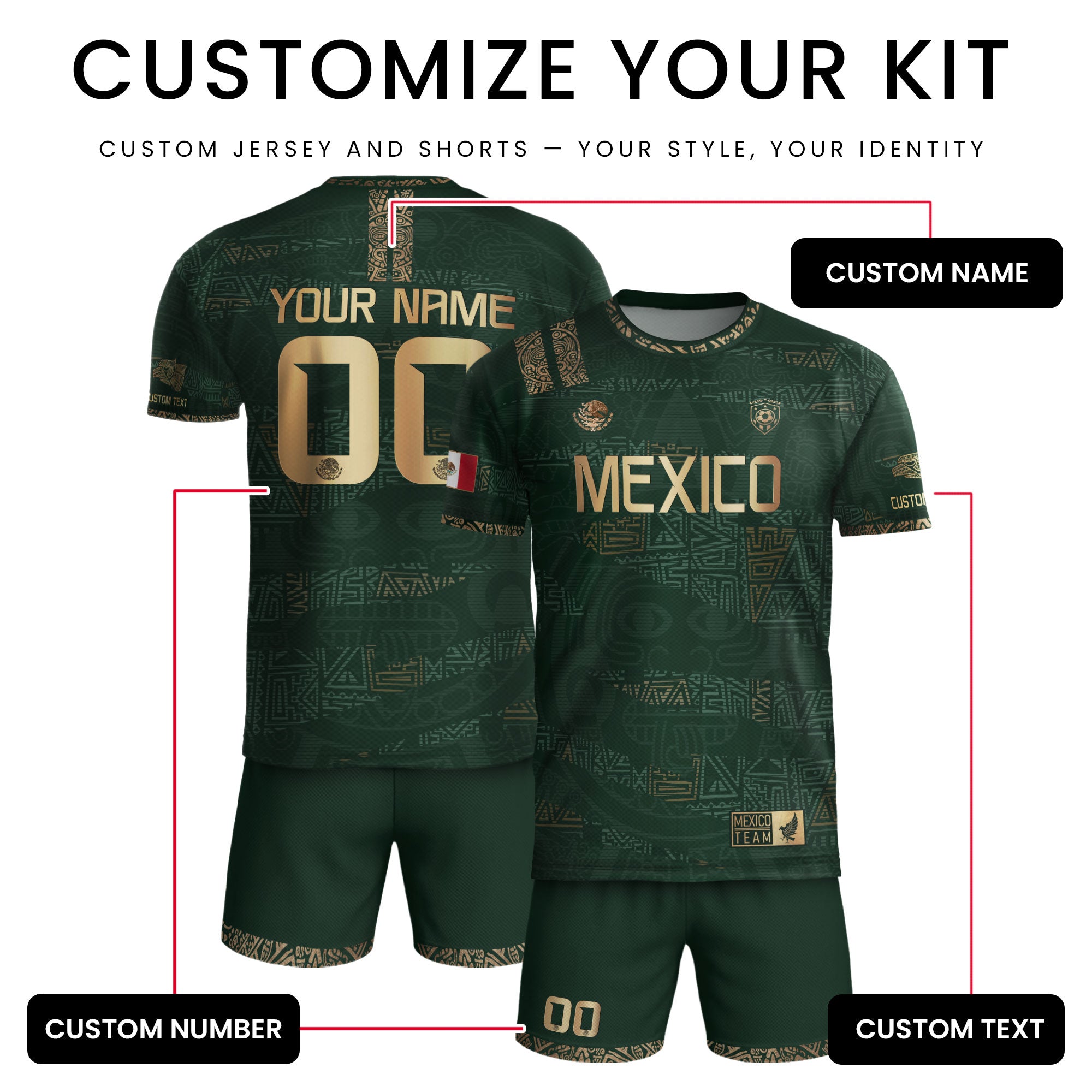 Custom Mexico Green Gold Aztec Pattern Soccer Jersey