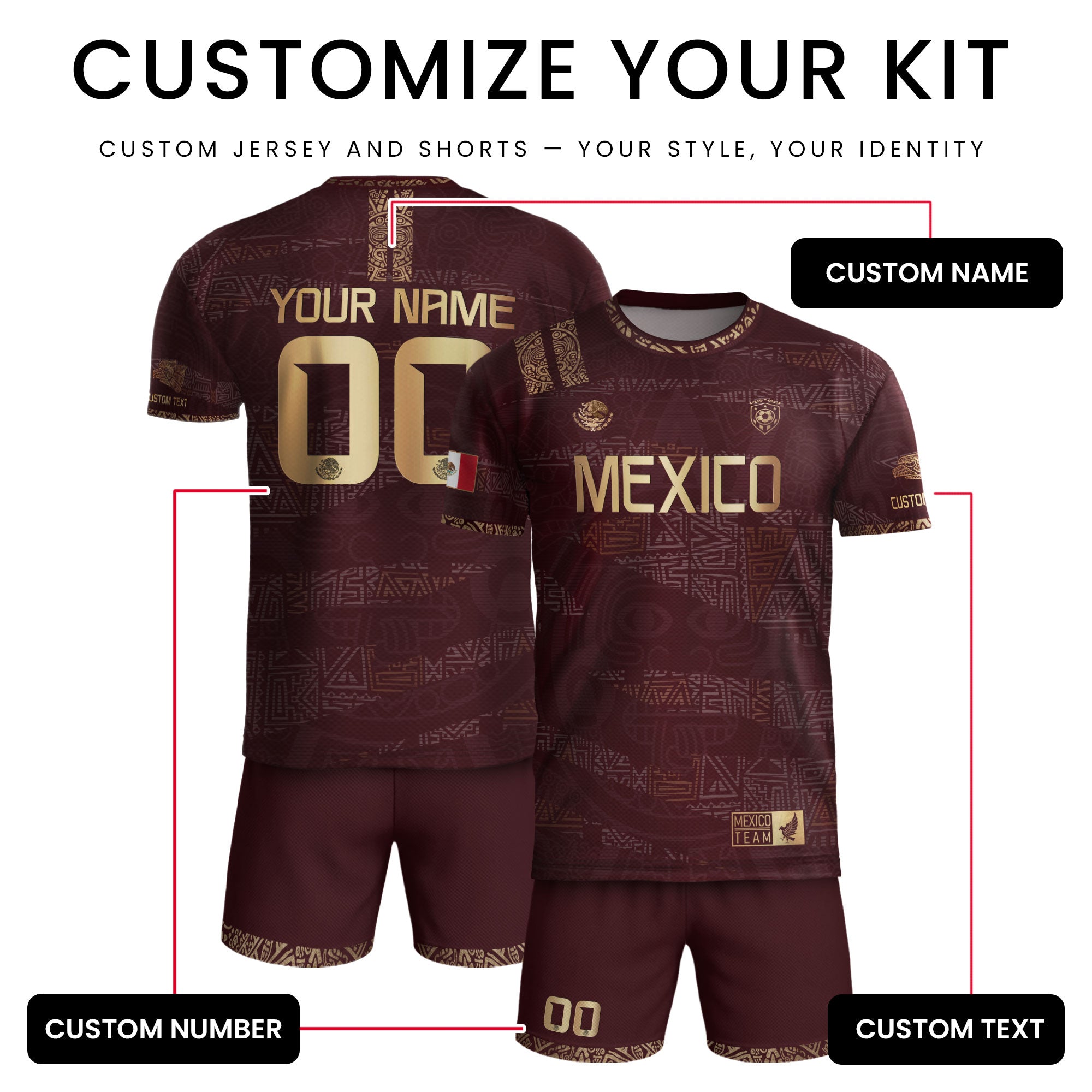 Custom Mexico Maroon Gold Aztec Heritage Soccer Jersey