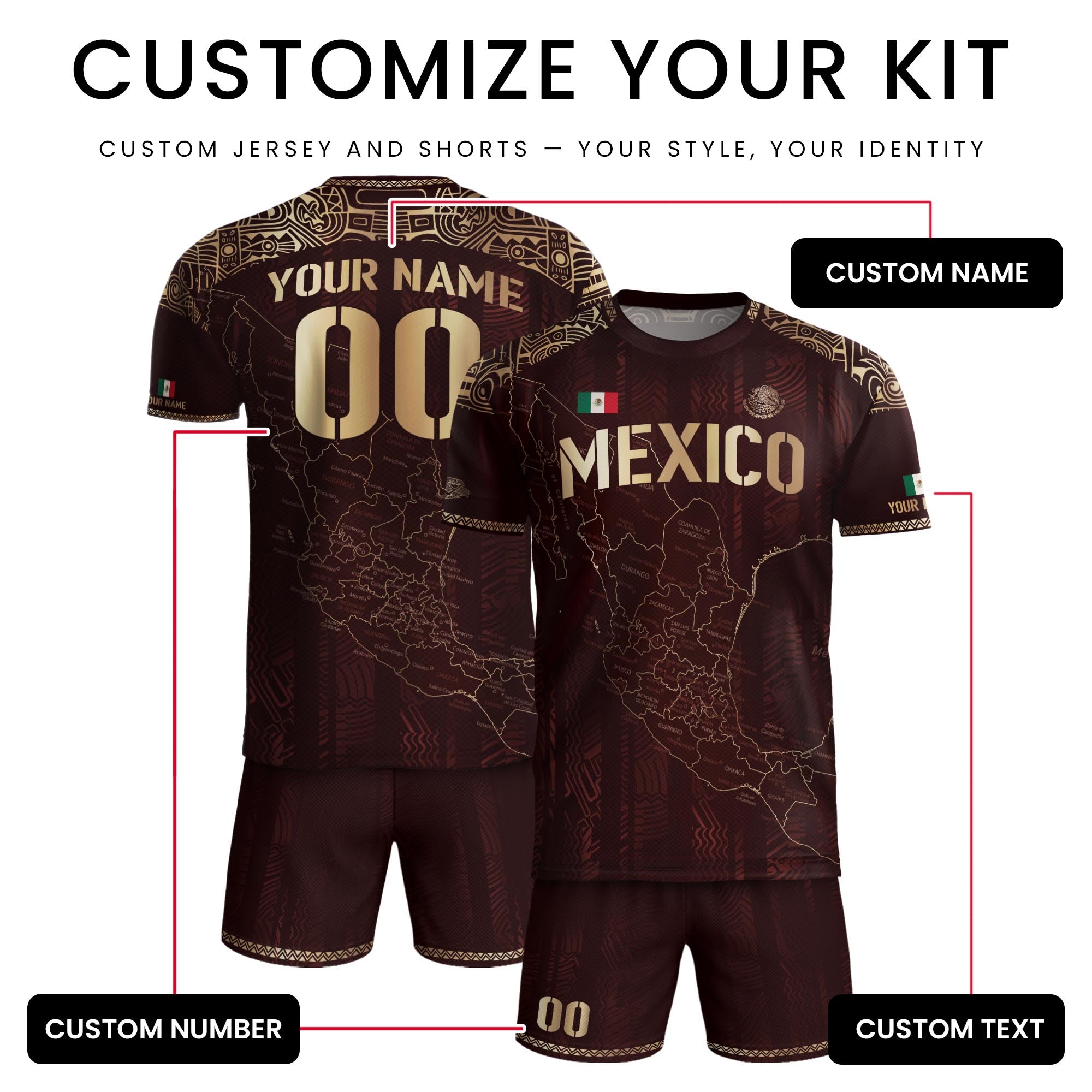 Custom Mexico Burgundy Soccer Jersey with Golden Aztec Map Design