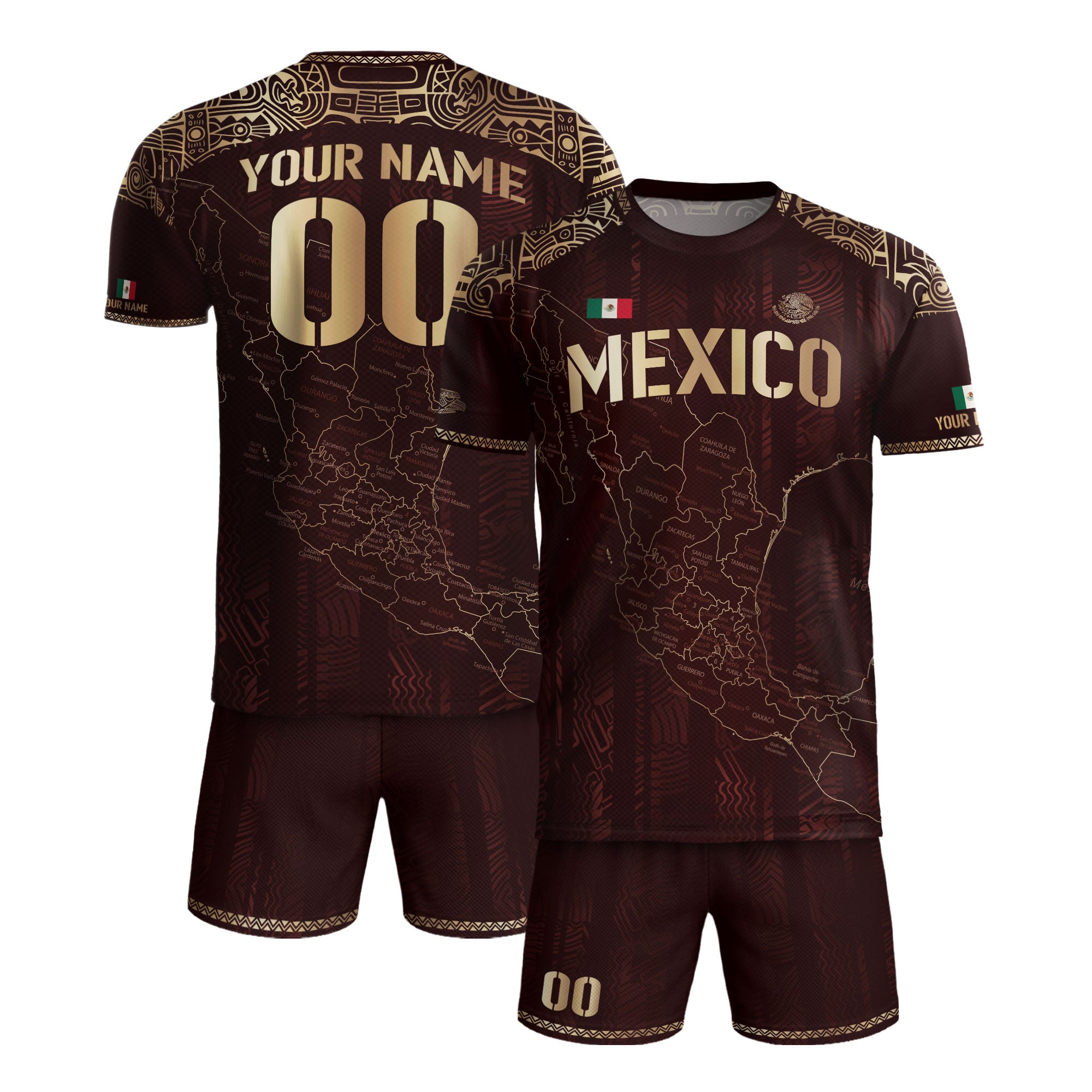 Custom Mexico Burgundy Soccer Jersey with Golden Aztec Map Design