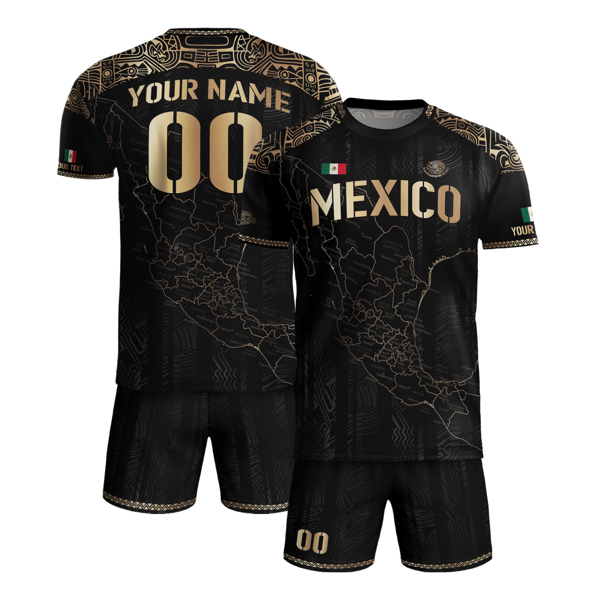 Custom Mexico Black Gold Soccer Jersey with Heritage Map and Aztec Details