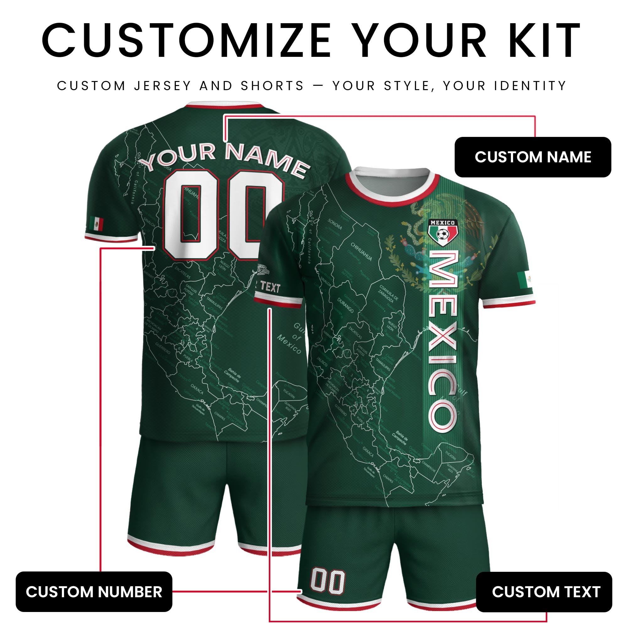Custom Mexico Green Soccer Jersey with Flag Accents and Map Heritage Design