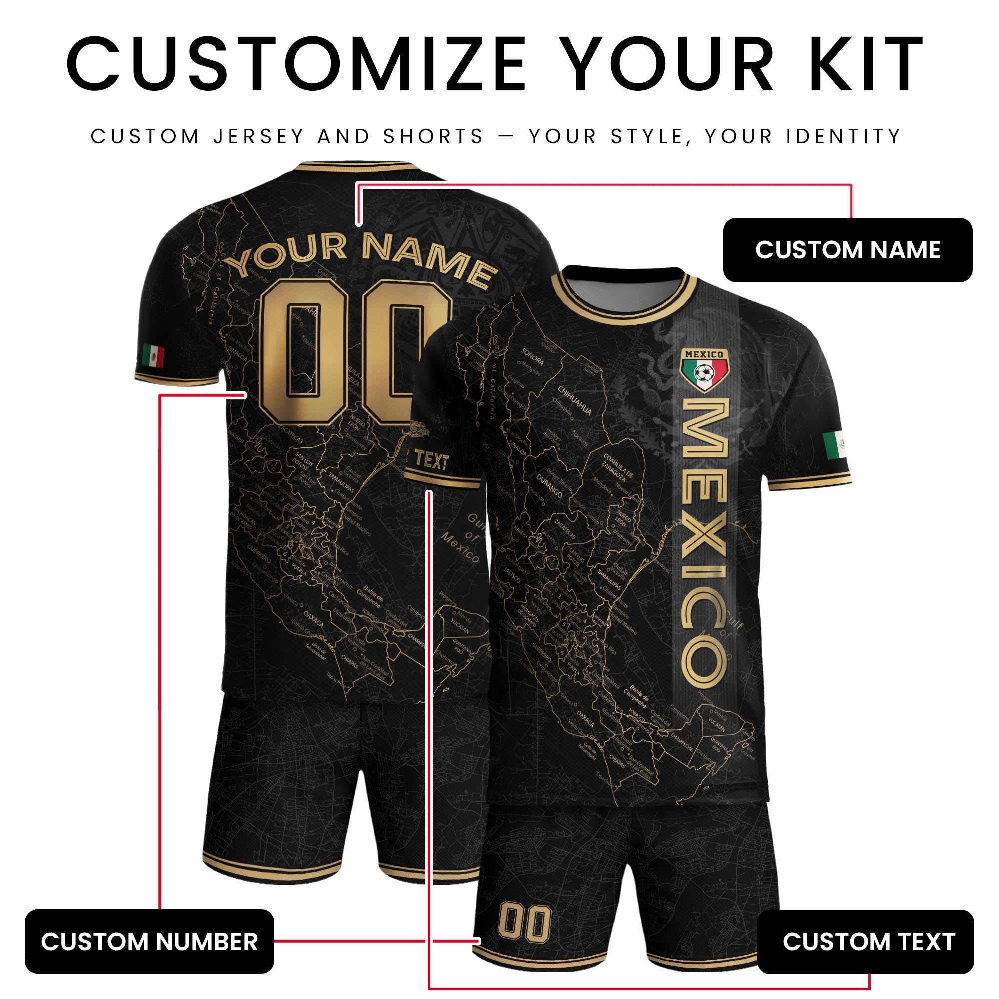 Custom Mexico Black Gold Soccer Jersey with Detailed Heritage Map Design