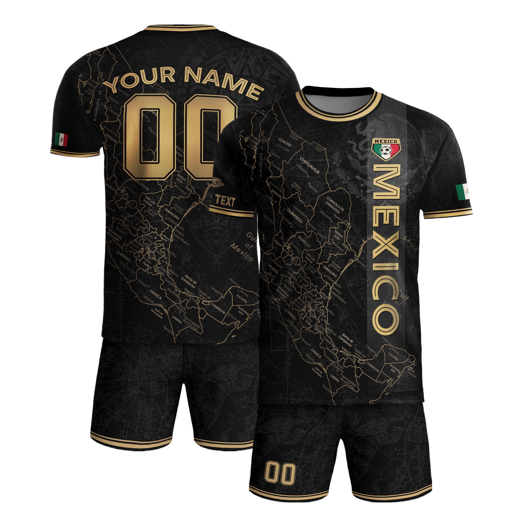 Custom Mexico Black Gold Soccer Jersey with Detailed Heritage Map Design
