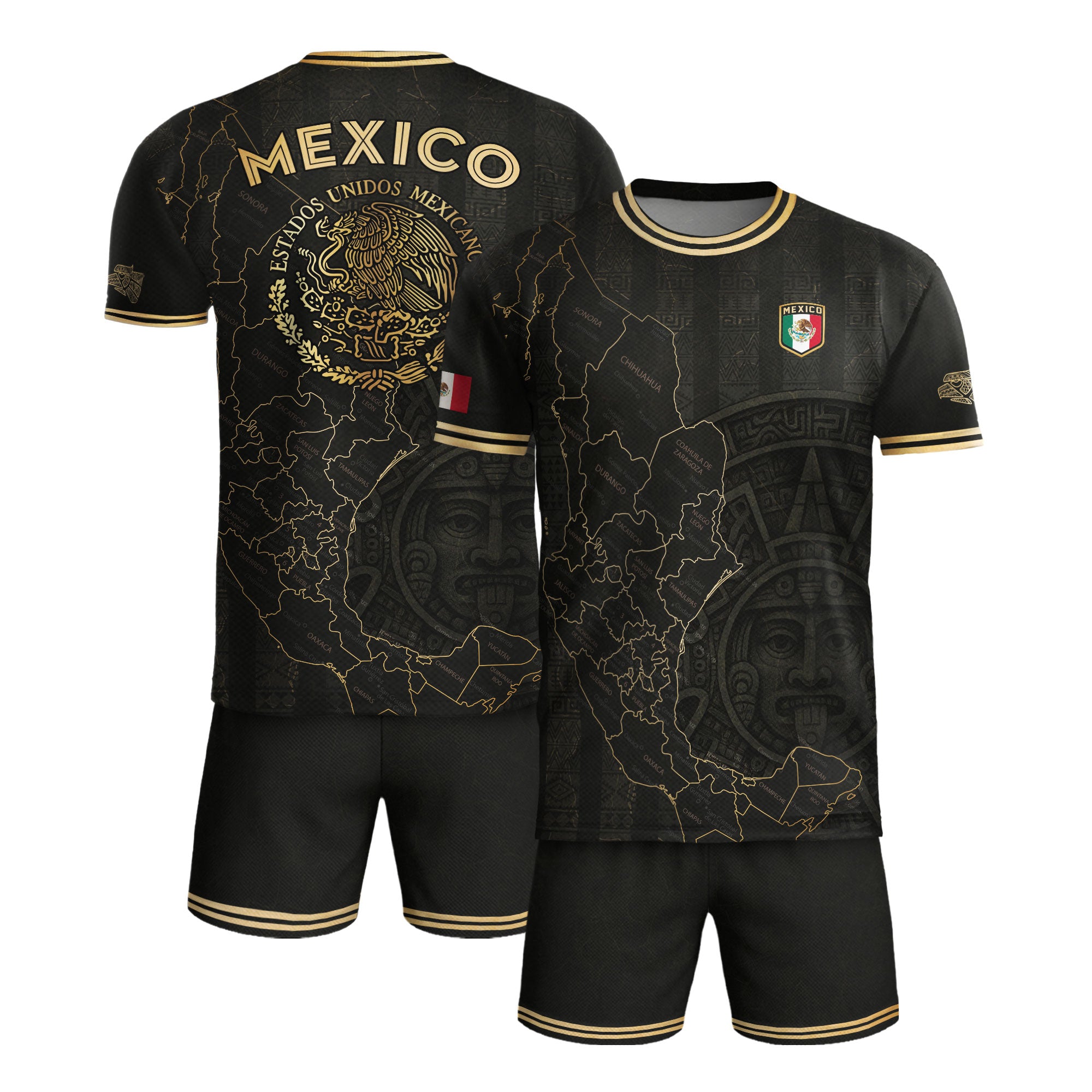 Camiseta de fútbol con el calendario azteca y el mapa negro y dorado de México