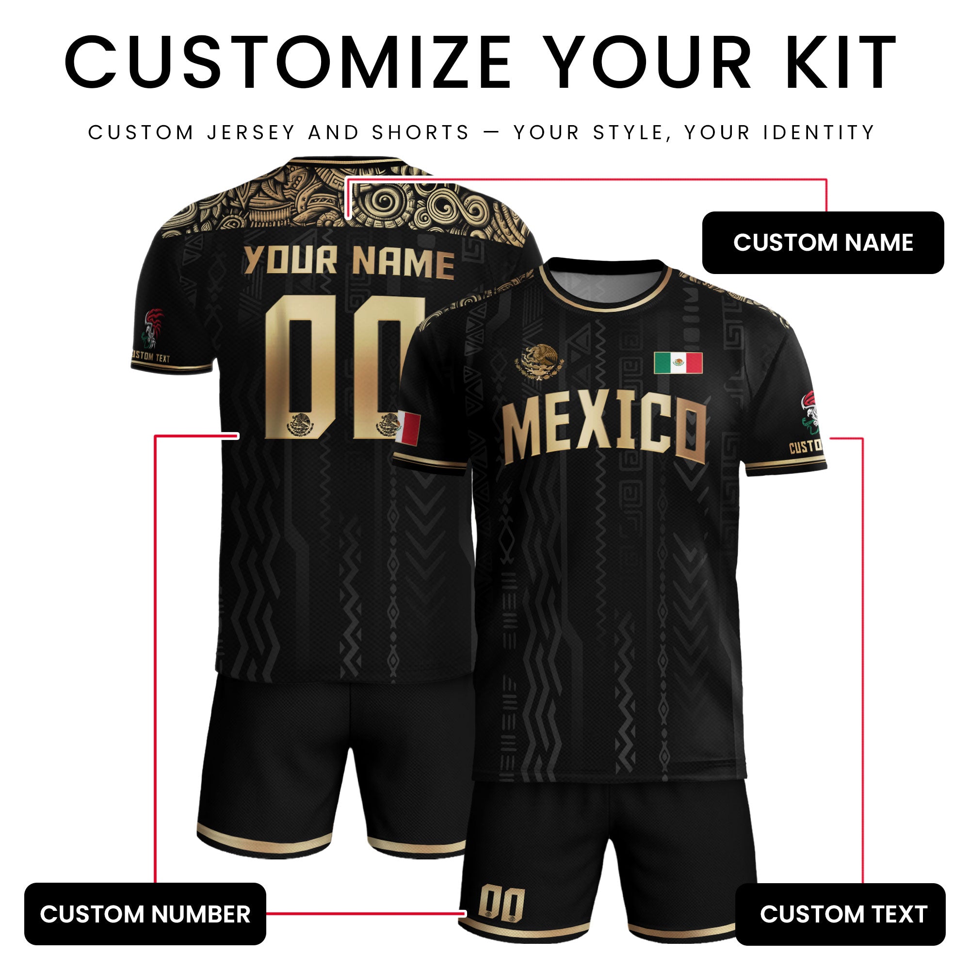 Custom Mexico Black Gold Aztec Pattern National Pride Soccer Jersey