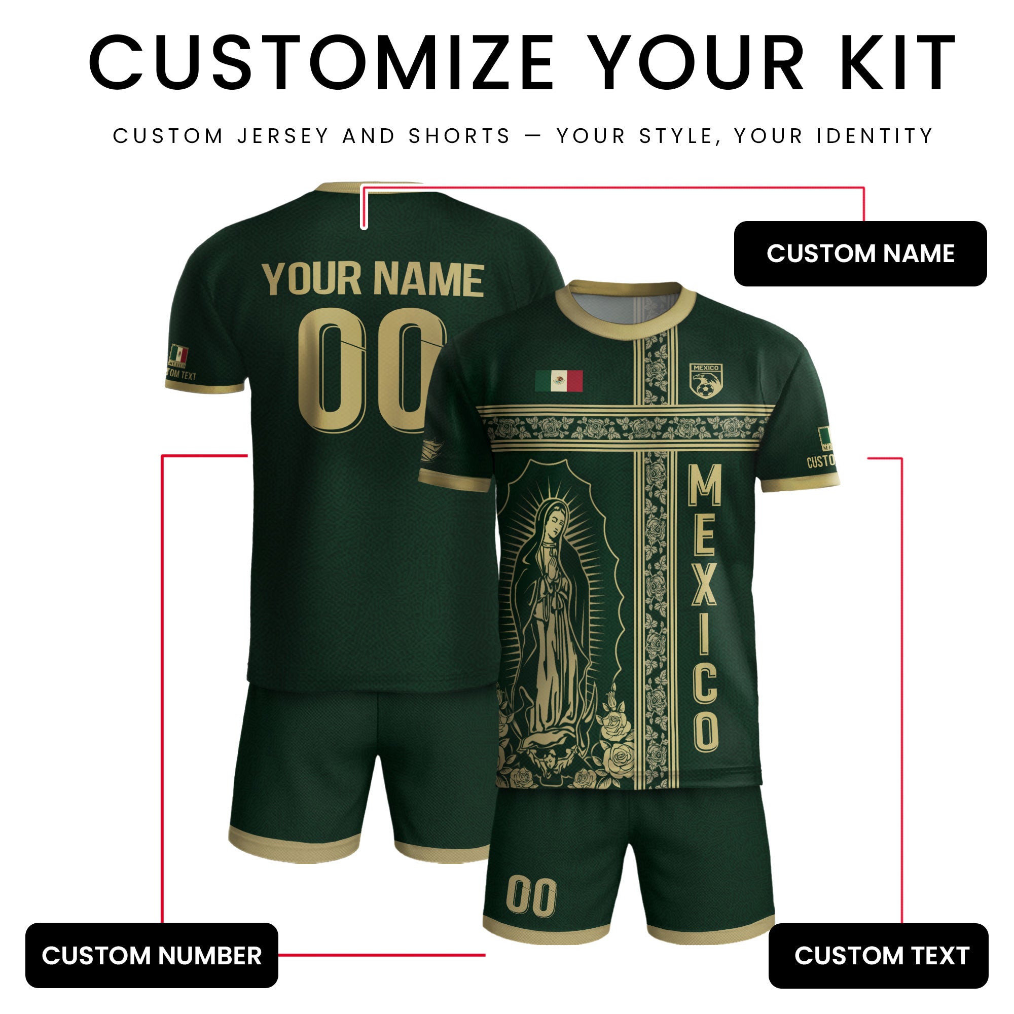 Custom Mexico Jersey Green Gold Our Lady of Guadalupe Design