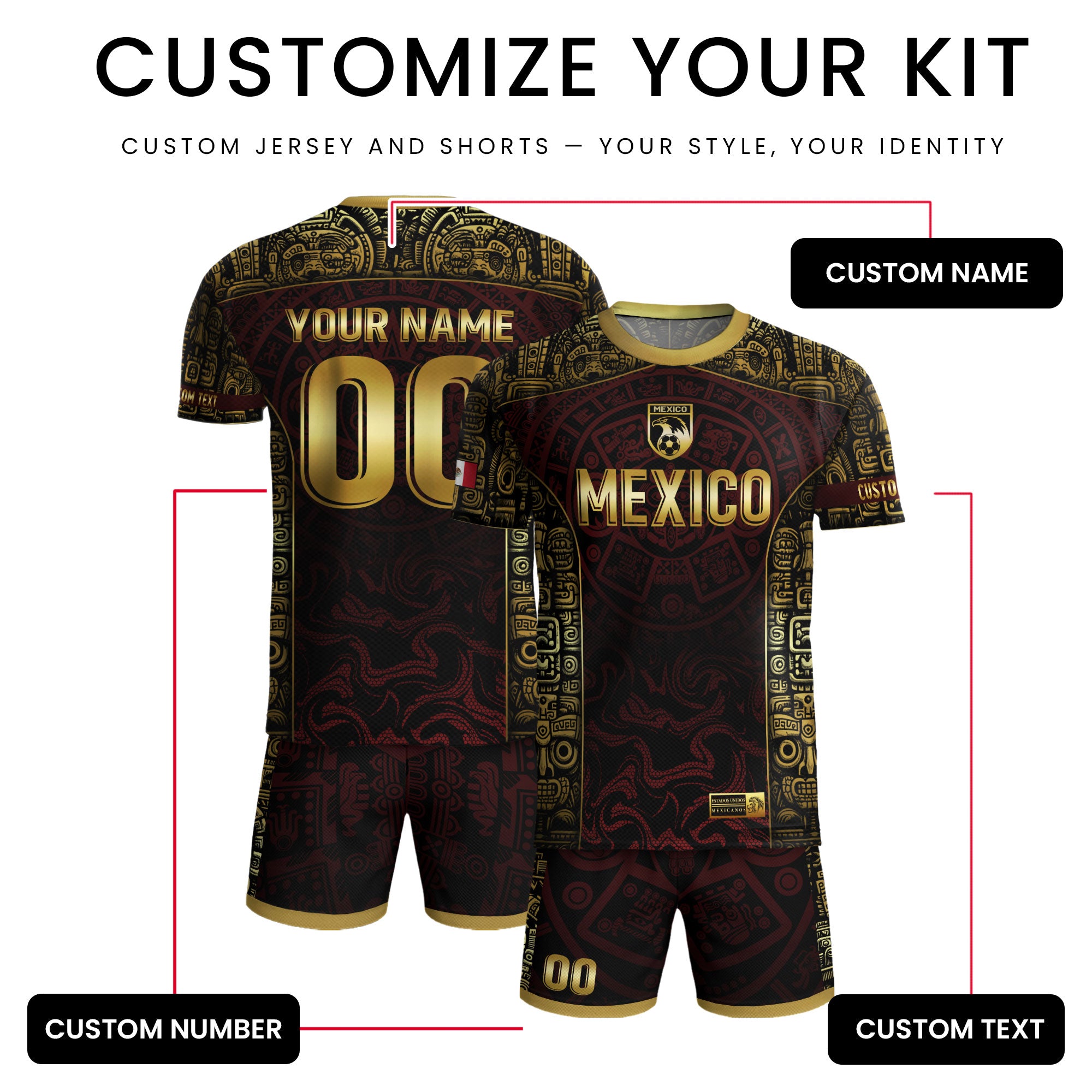 Custom Mexico Jersey Black Red Gold Aztec Calendar Design
