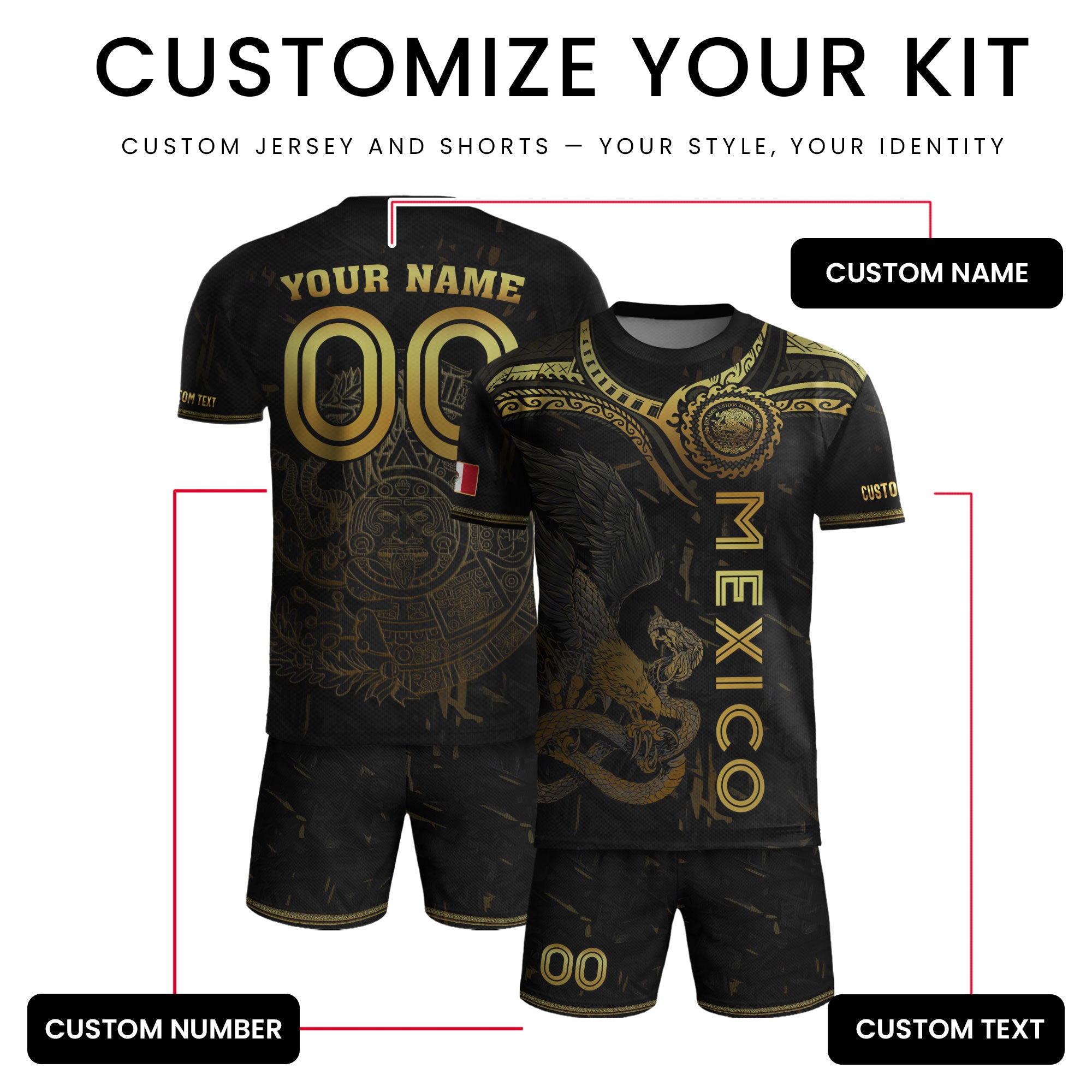 Custom Mexico Jersey Black Gold Eagle Serpent Aztec Design