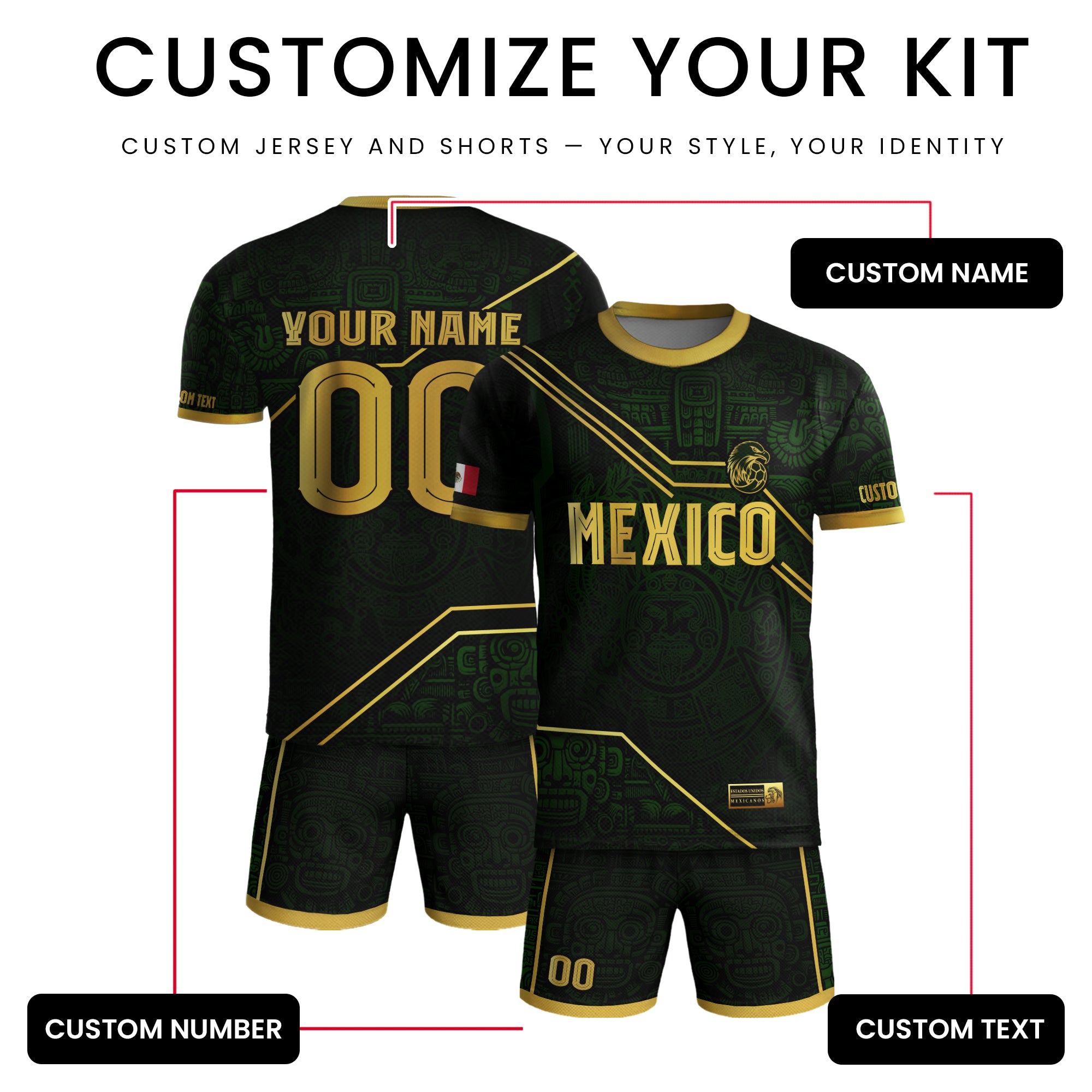 Custom Mexico Jersey Black Green Gold Aztec Heritage Design
