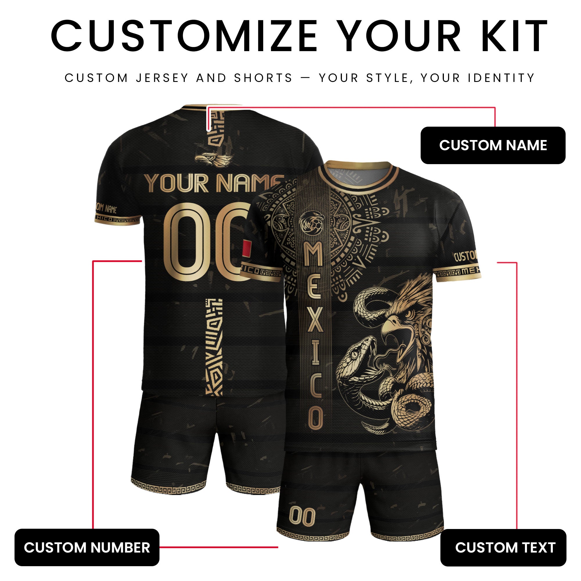Custom Mexico Jersey Black Gold Eagle Serpent Aztec Warrior Design