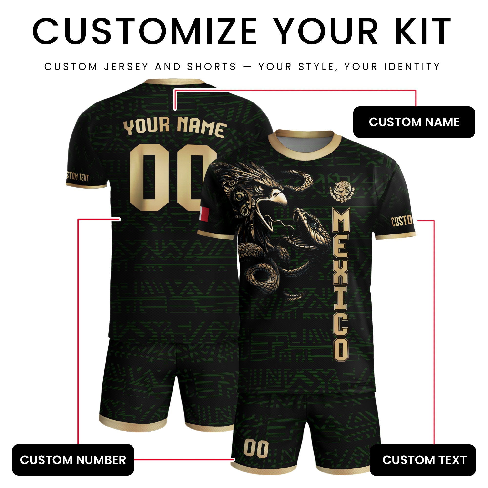 Custom Mexico Soccer Jersey Black Gold Aztec Eagle Design
