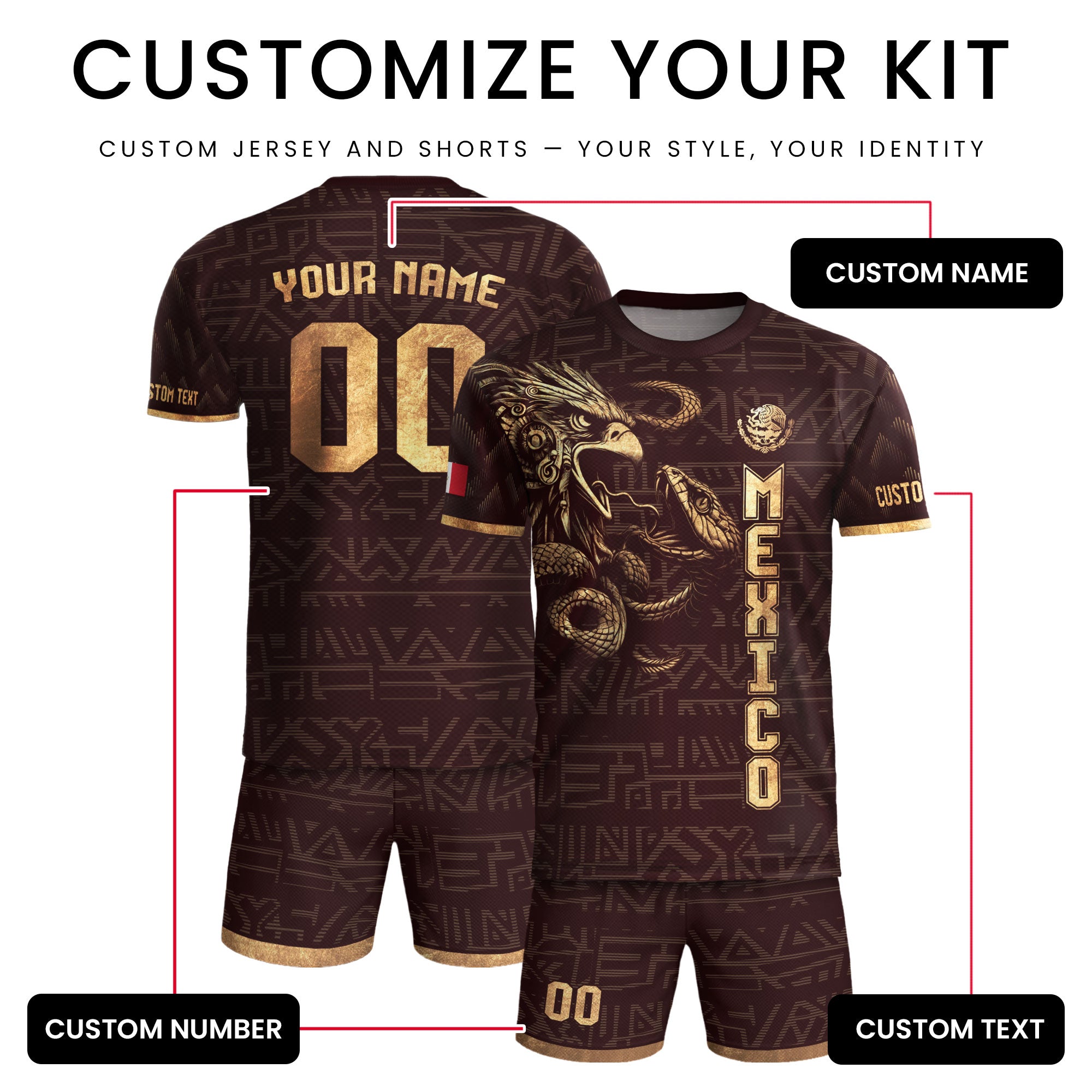 Custom Mexico Soccer Jersey Burgundy Gold Aztec Eagle Design