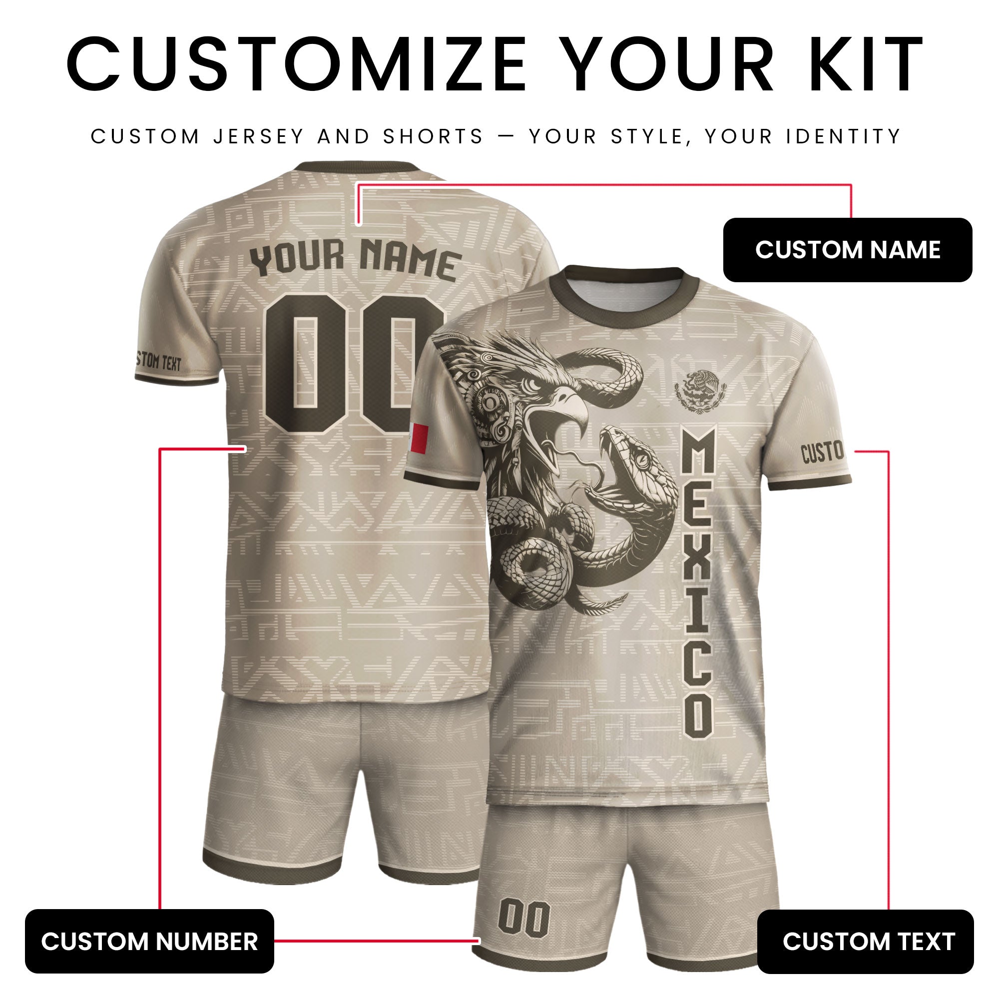 Custom Mexico Soccer Jersey Beige Aztec Eagle Design