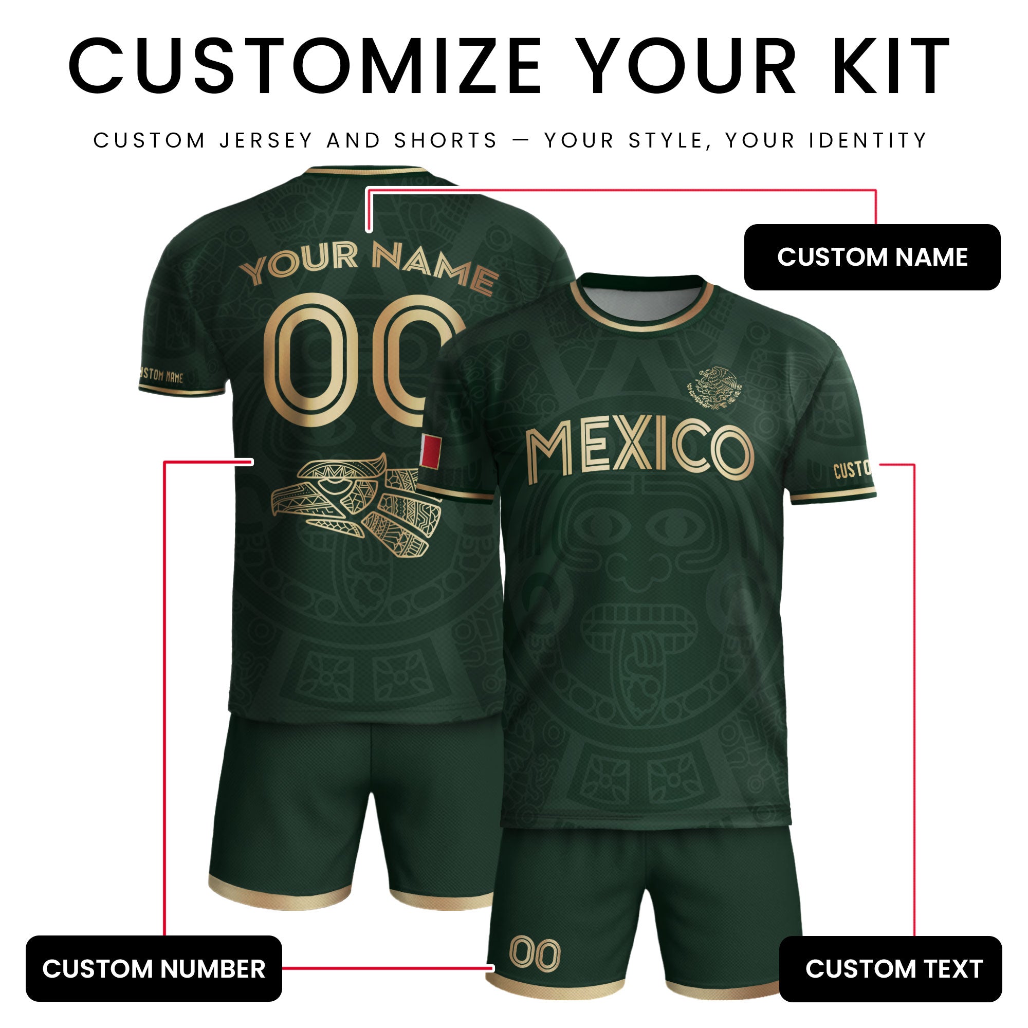 Custom Mexico Soccer Jersey Green Gold Aztec Calendar Design