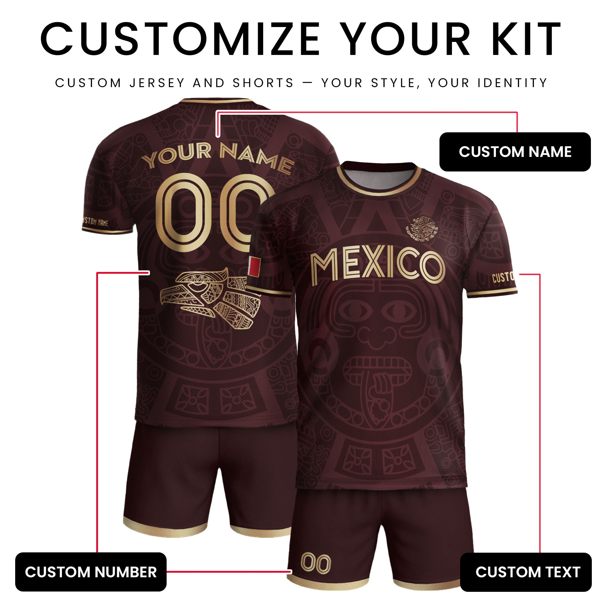 Custom Mexico Soccer Jersey Maroon Gold Aztec Calendar Design