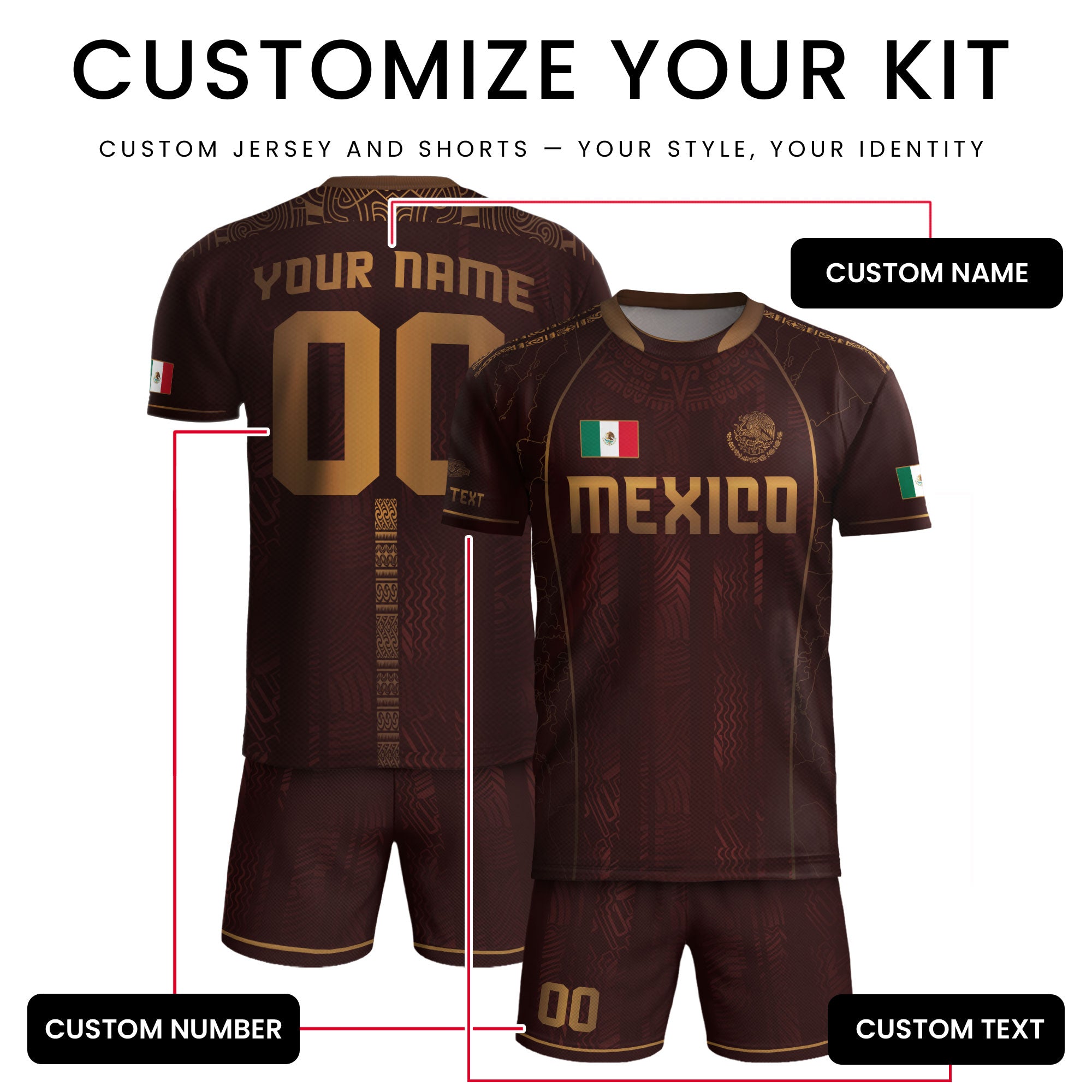 Custom Mexico Soccer Jersey Burgundy Gold Aztec Pattern Heritage Design