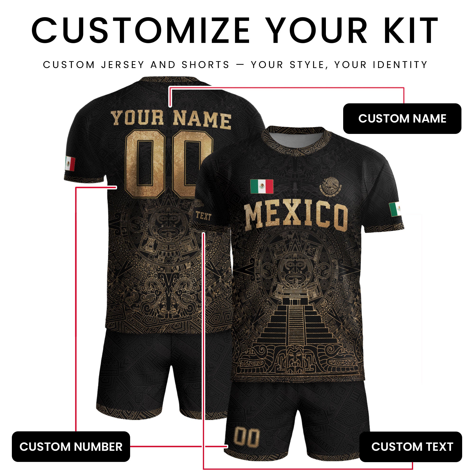 Custom Mexico Soccer Jersey Black Gold Aztec Calendar Heritage Design