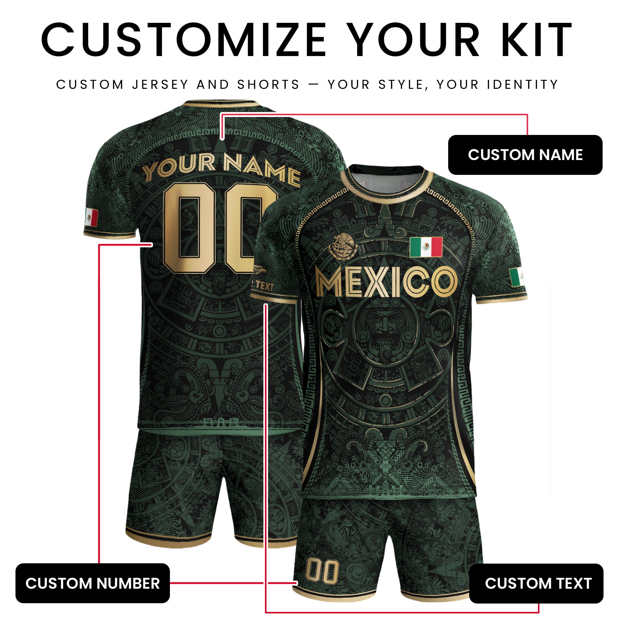 Custom Mexico Soccer Jersey Green Gold Aztec Calendar Heritage Design