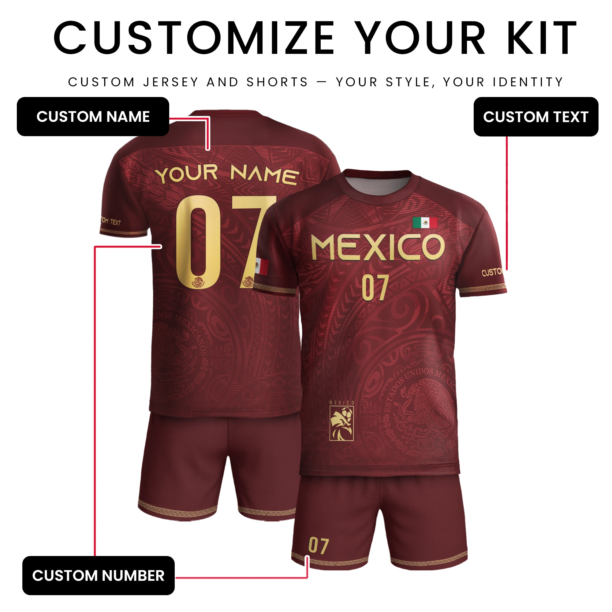 Custom Mexico Soccer Jersey Burgundy Gold Eagle Pattern Design