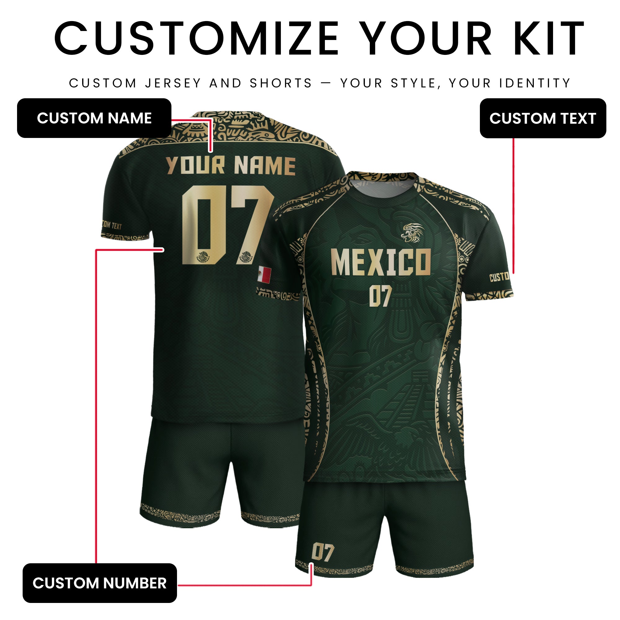 Custom Mexico Soccer Jersey Dark Green Gold Aztec Eagle Design