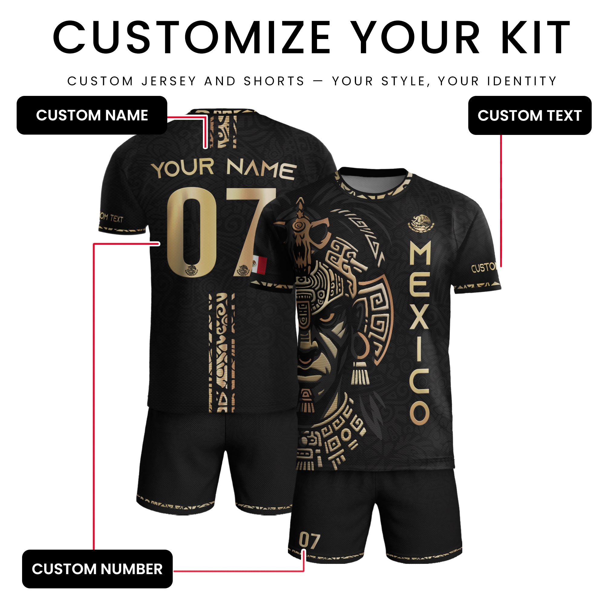 Custom Mexico Soccer Jersey Black Gold Aztec Warrior Face Design
